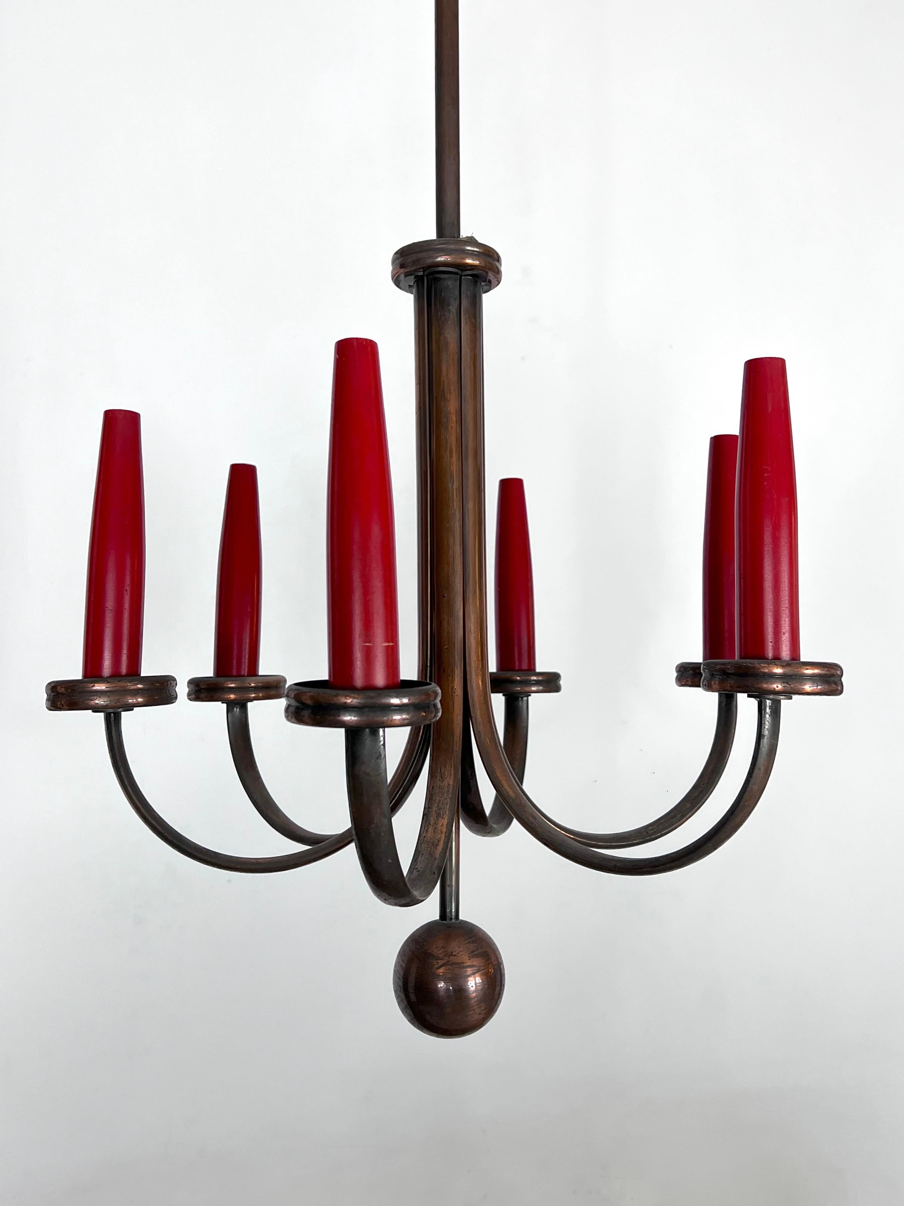Mid-Century Modern Six Arms Copper Chandelier in Gio Ponti Style, Italy 1950s For Sale 7