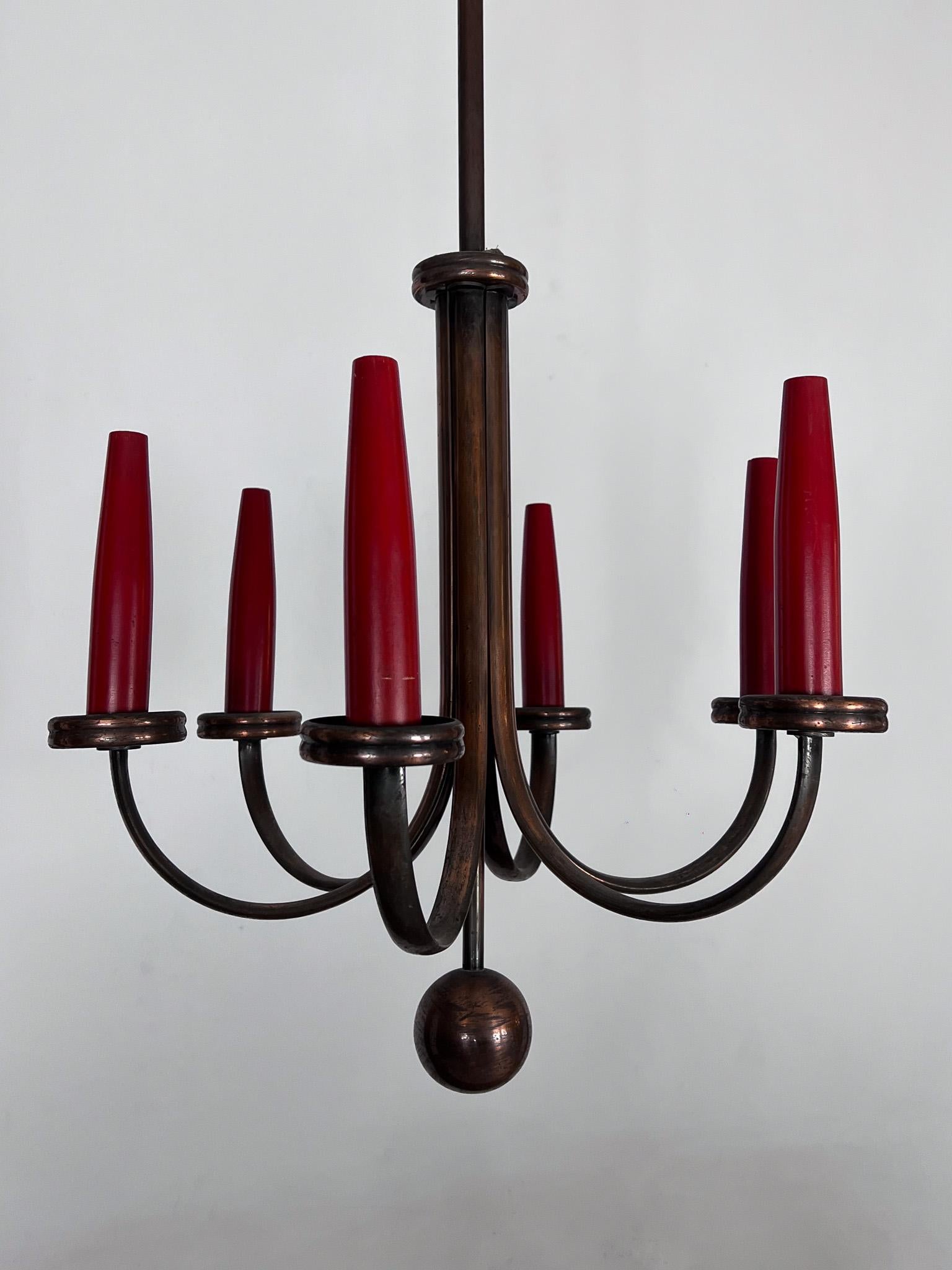 Araña de cobre de seis brazos moderna de mediados de siglo en estilo Gio Ponti, Italia Años 50 en venta 5