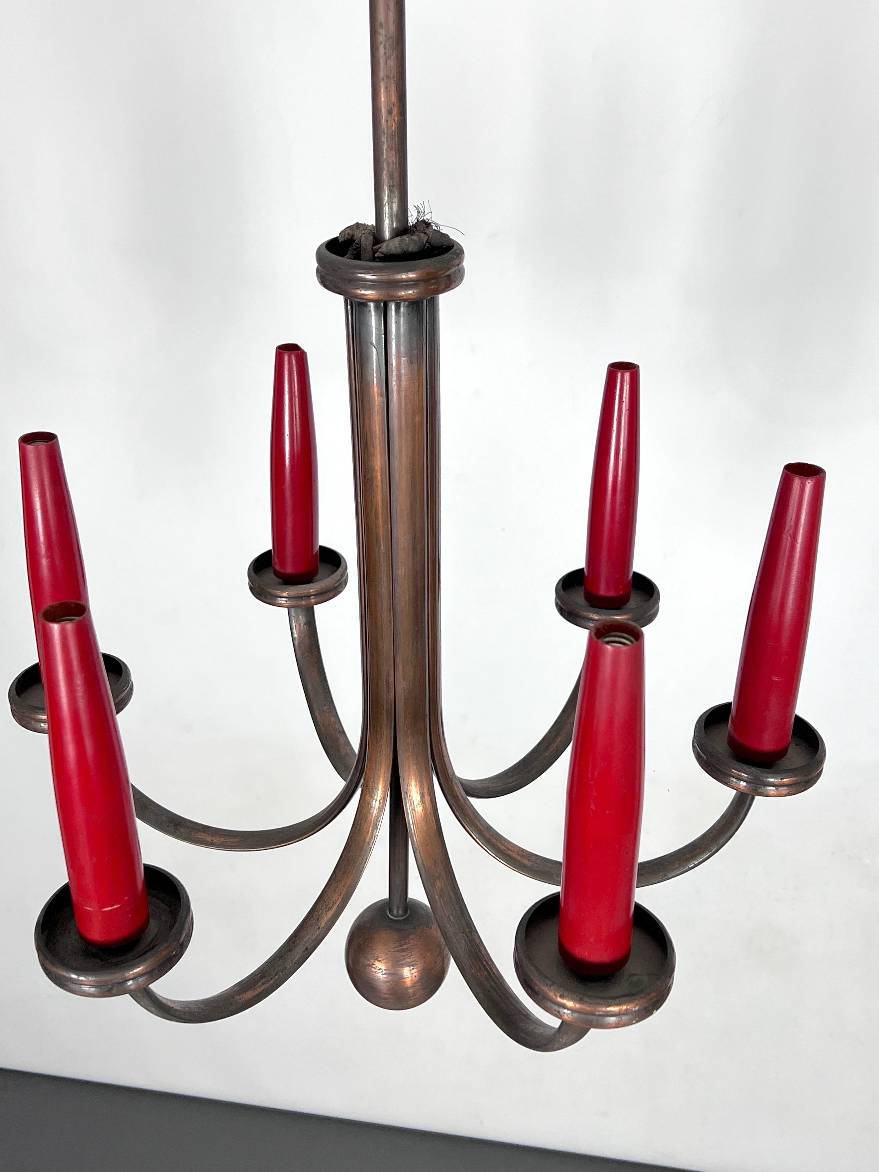 Mid-Century Modern Six Arms Copper Chandelier in Gio Ponti Style, Italy 1950s For Sale 8