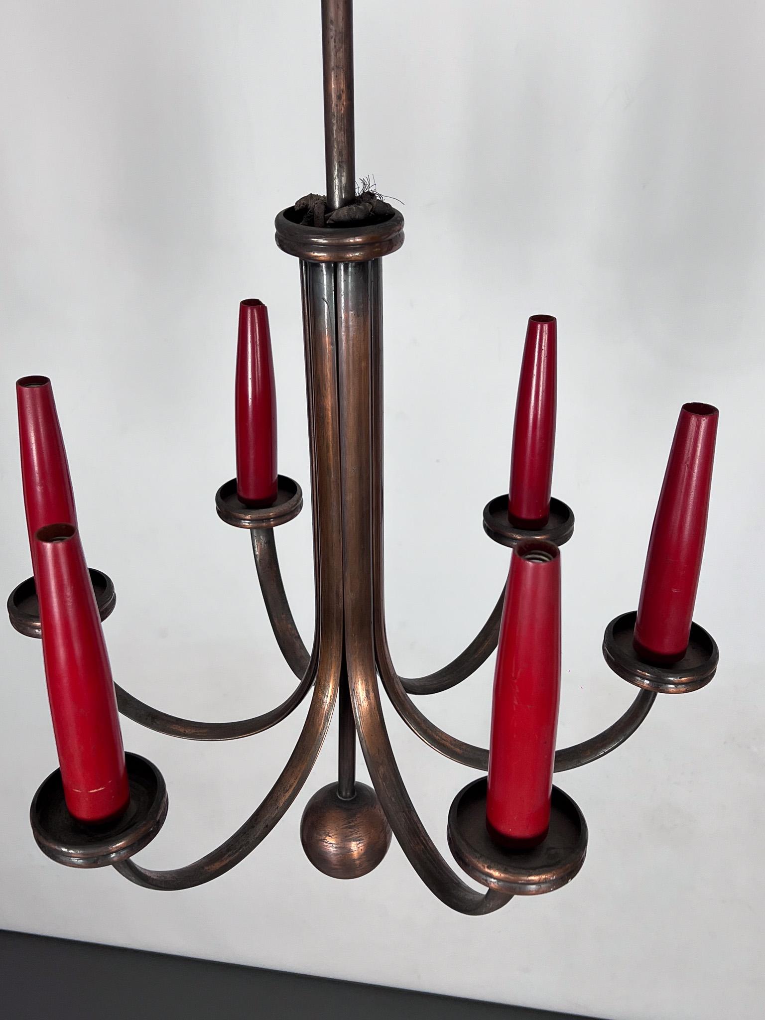 Araña de cobre de seis brazos moderna de mediados de siglo en estilo Gio Ponti, Italia Años 50 en venta 6