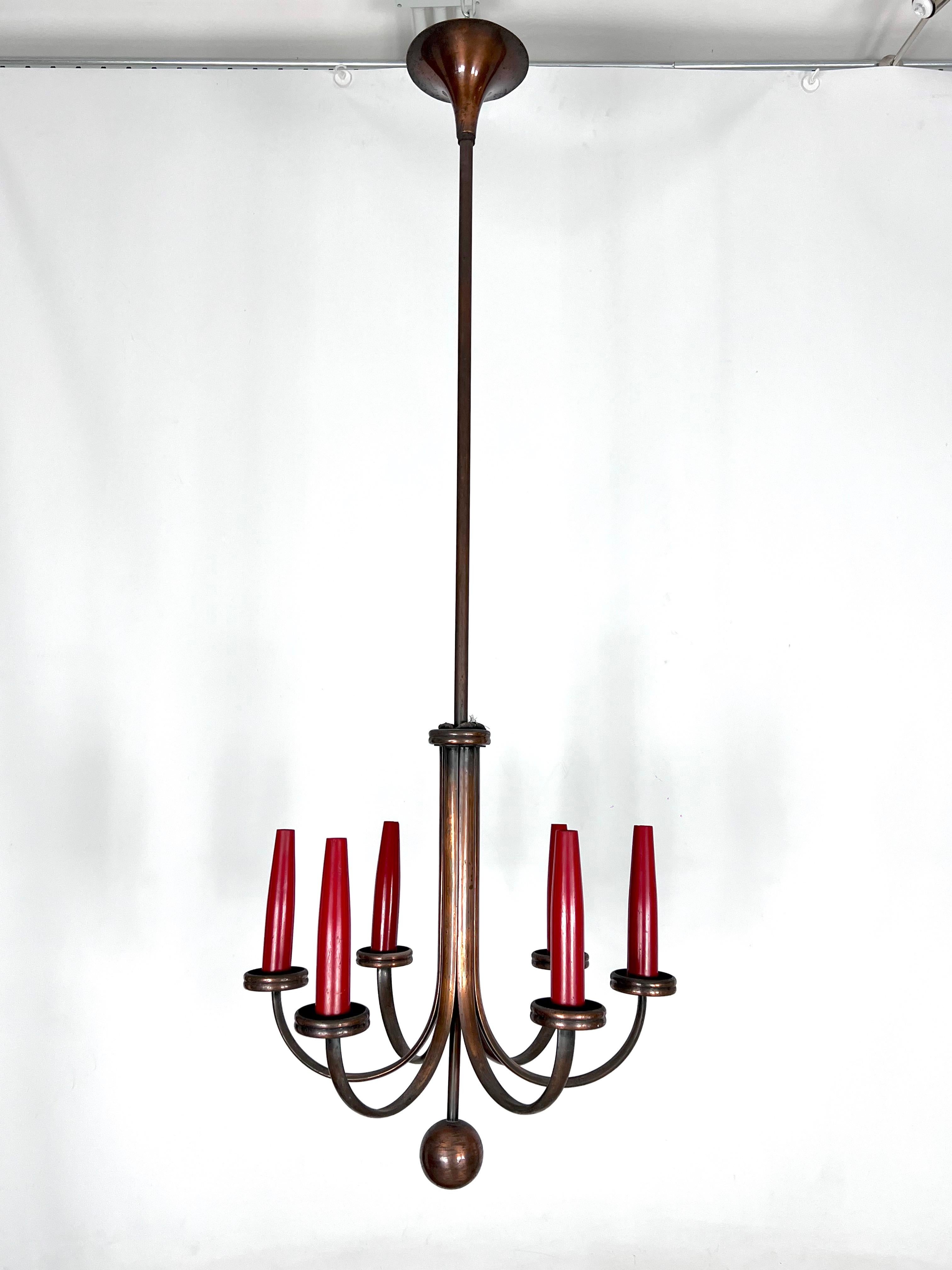 Andorran Mid-Century Modern Six Arms Copper Chandelier in Gio Ponti Style, Italy 1950s For Sale