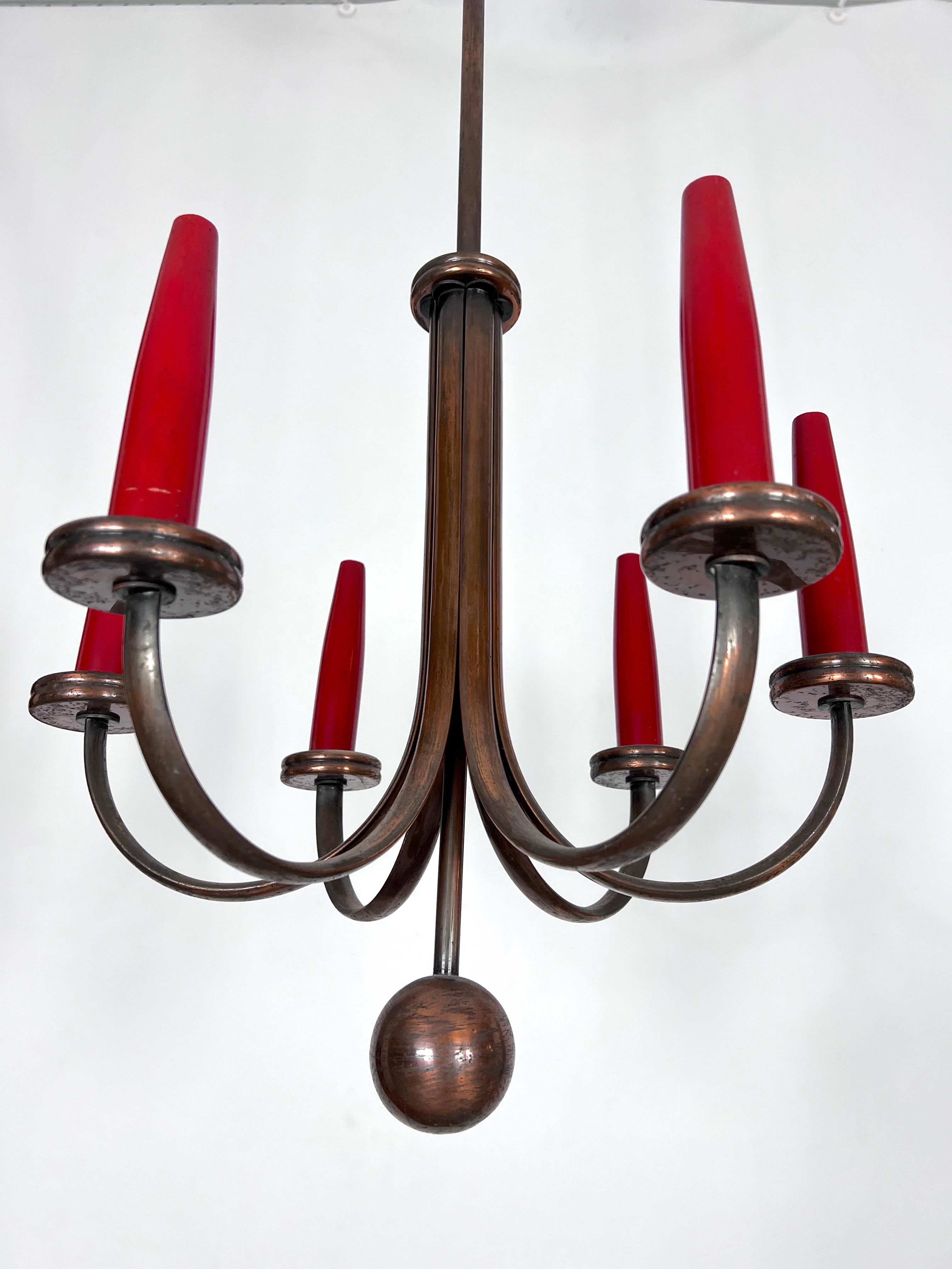 Mid-Century Modern Six Arms Copper Chandelier in Gio Ponti Style, Italy 1950s In Good Condition For Sale In Catania, CT