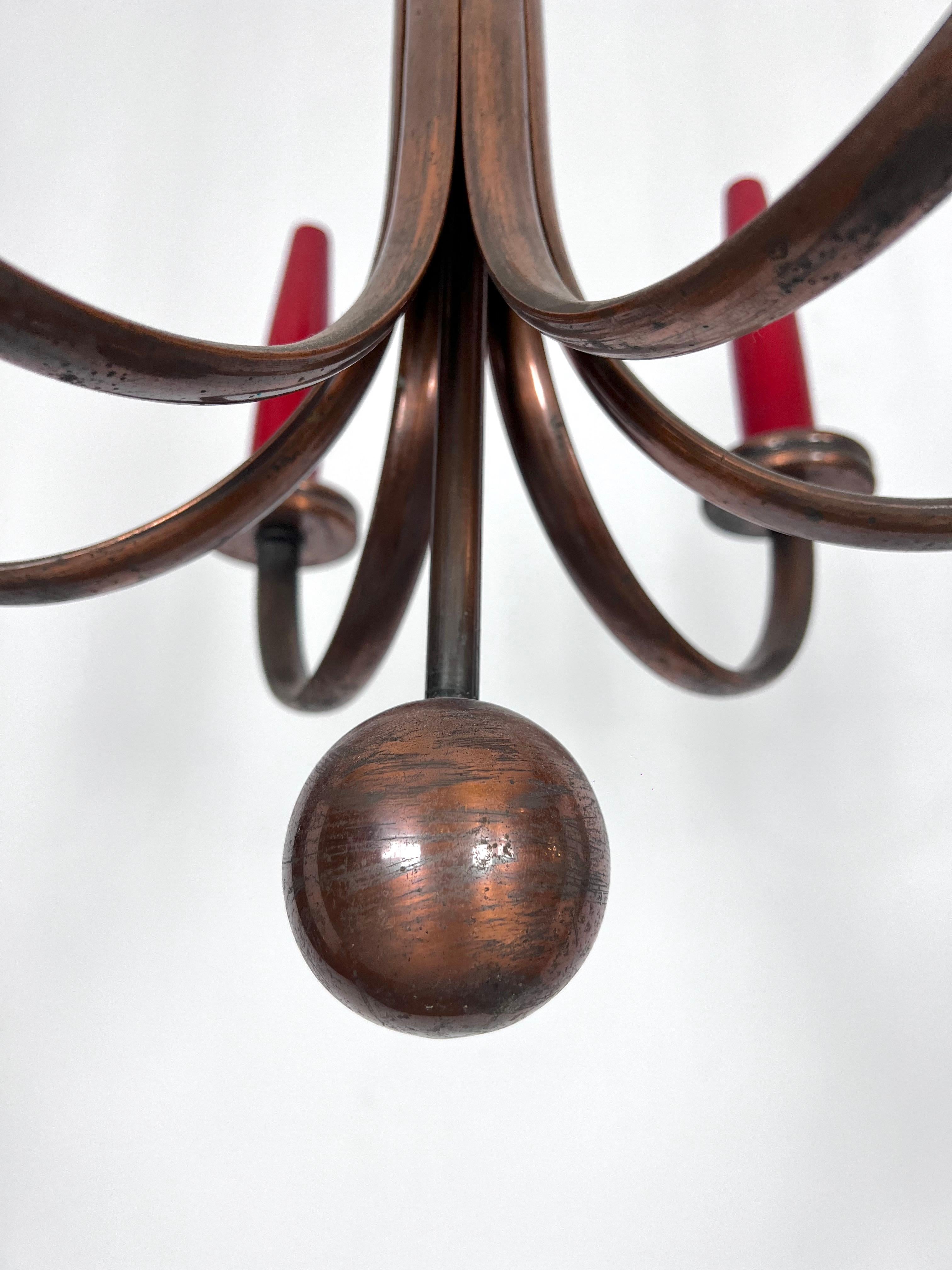 20th Century Mid-Century Modern Six Arms Copper Chandelier in Gio Ponti Style, Italy 1950s For Sale