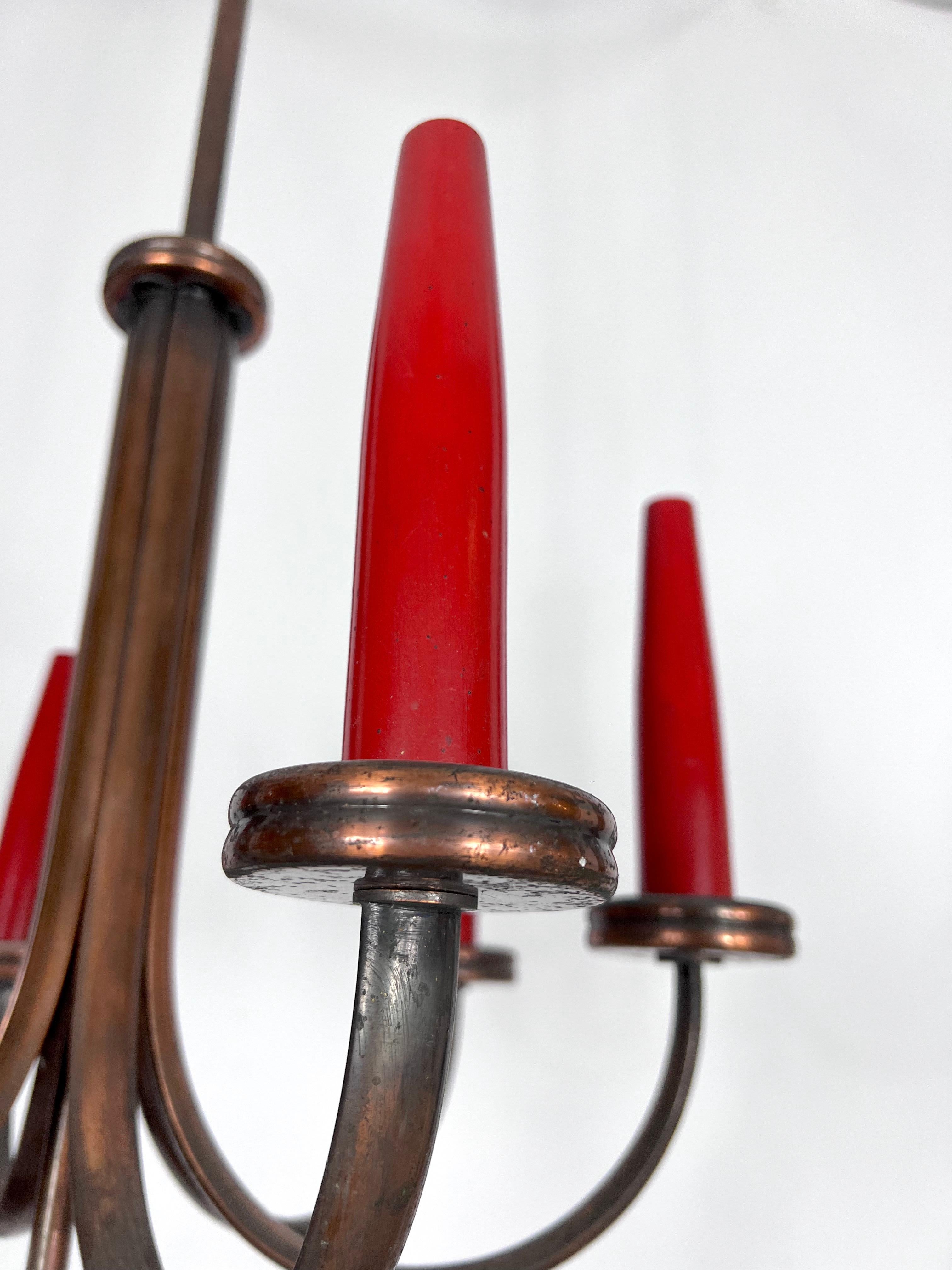 Mid-Century Modern Six Arms Copper Chandelier in Gio Ponti Style, Italy 1950s For Sale 1