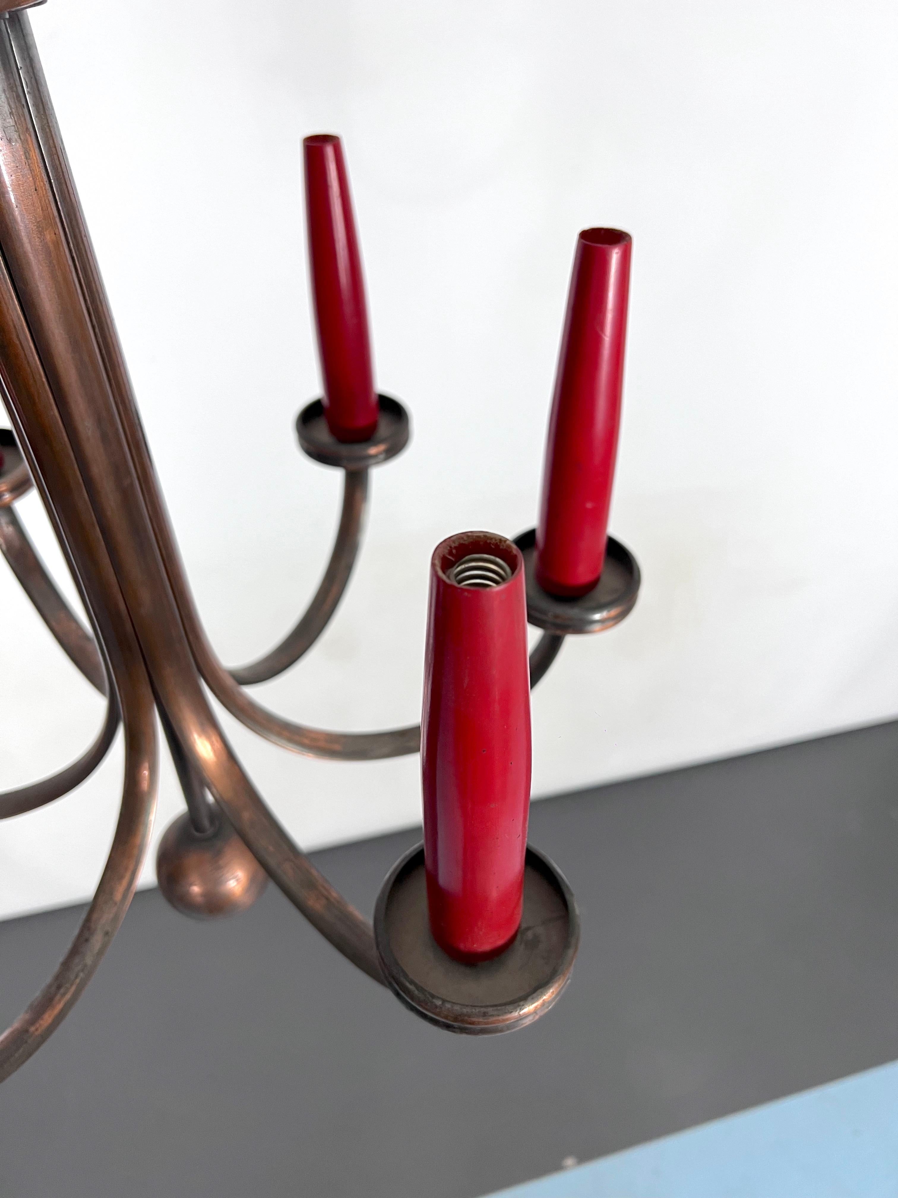 Mid-Century Modern Six Arms Copper Chandelier in Gio Ponti Style, Italy 1950s For Sale 2