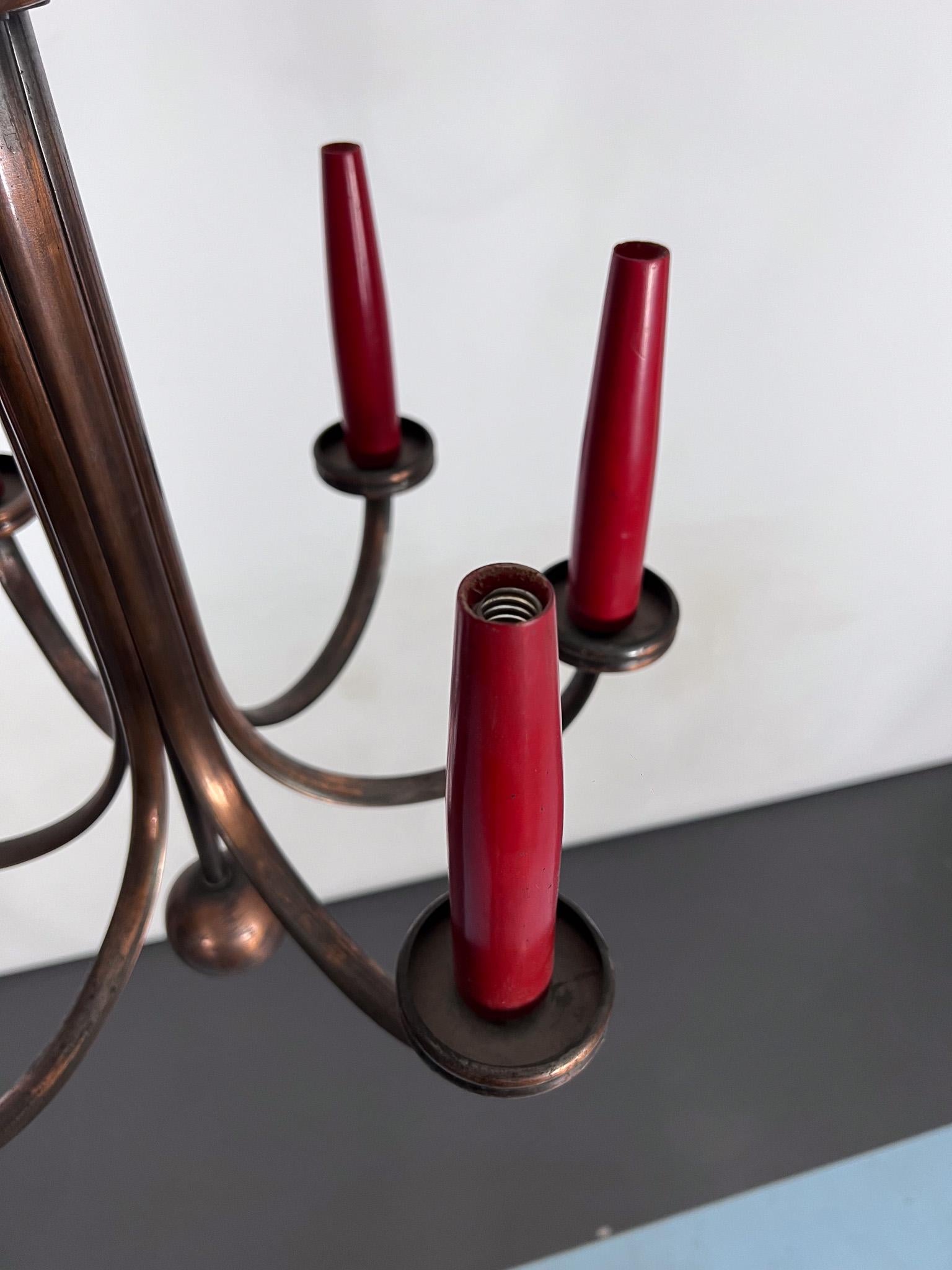 Araña de cobre de seis brazos moderna de mediados de siglo en estilo Gio Ponti, Italia Años 50 Cobre en venta