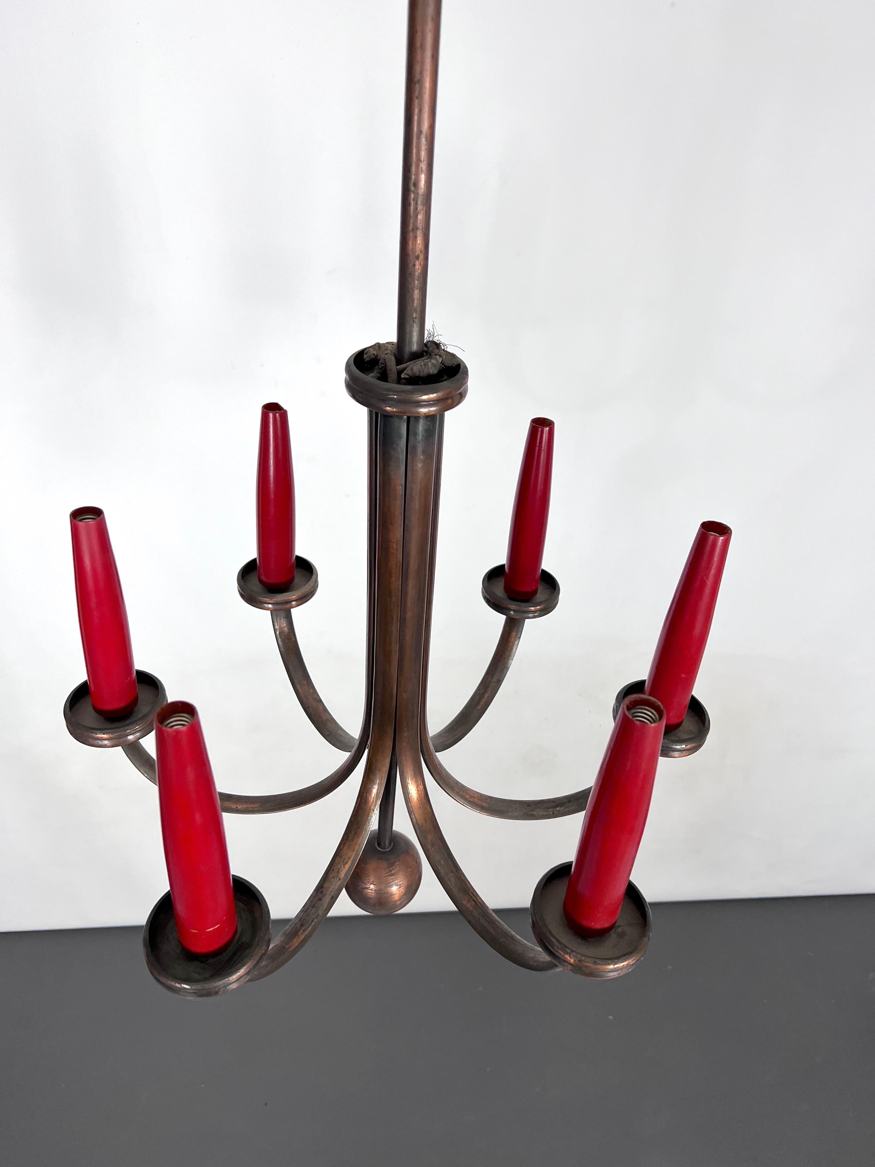 Mid-Century Modern Six Arms Copper Chandelier in Gio Ponti Style, Italy 1950s For Sale 3