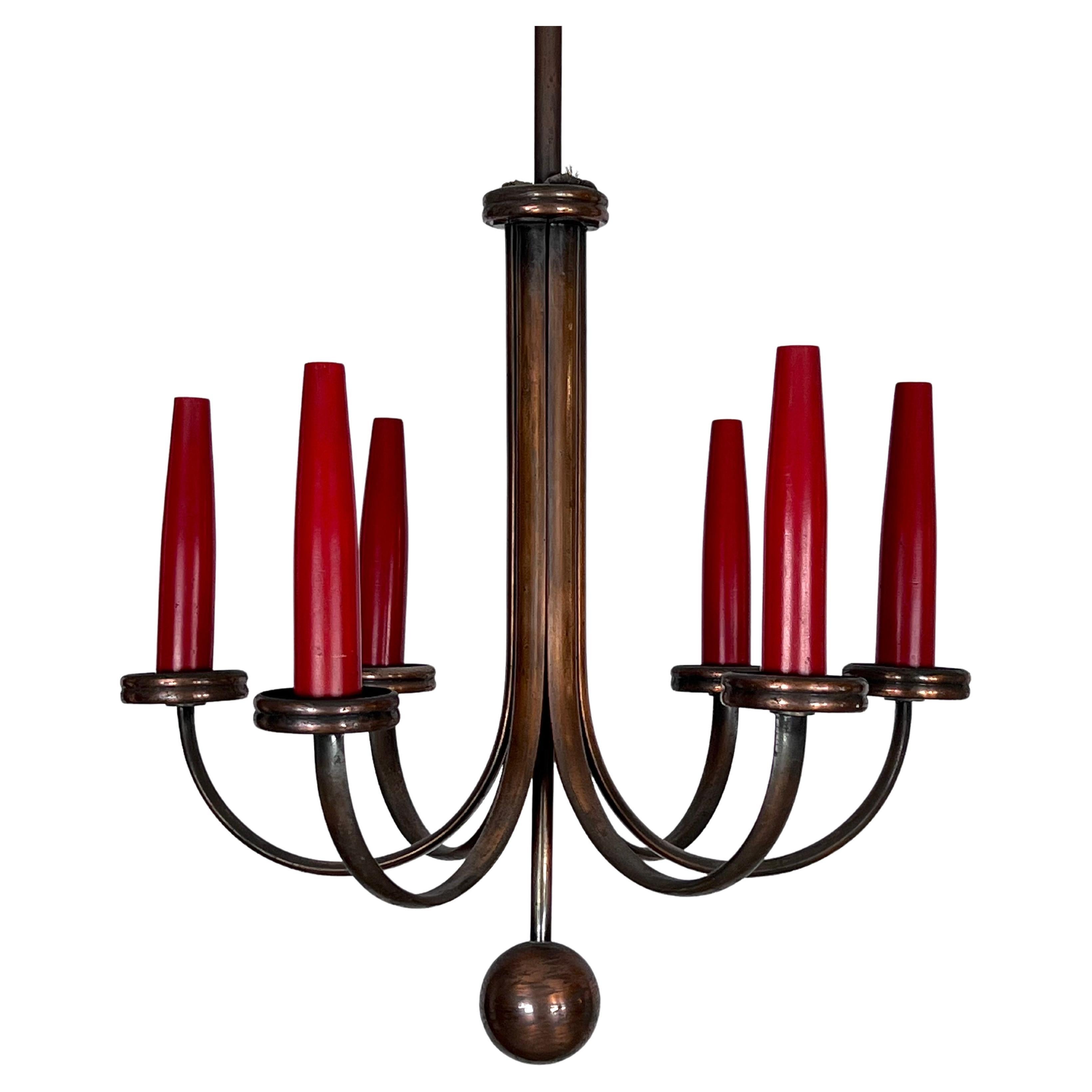 Mid-Century Modern Six Arms Copper Chandelier in Gio Ponti Style, Italy 1950s For Sale