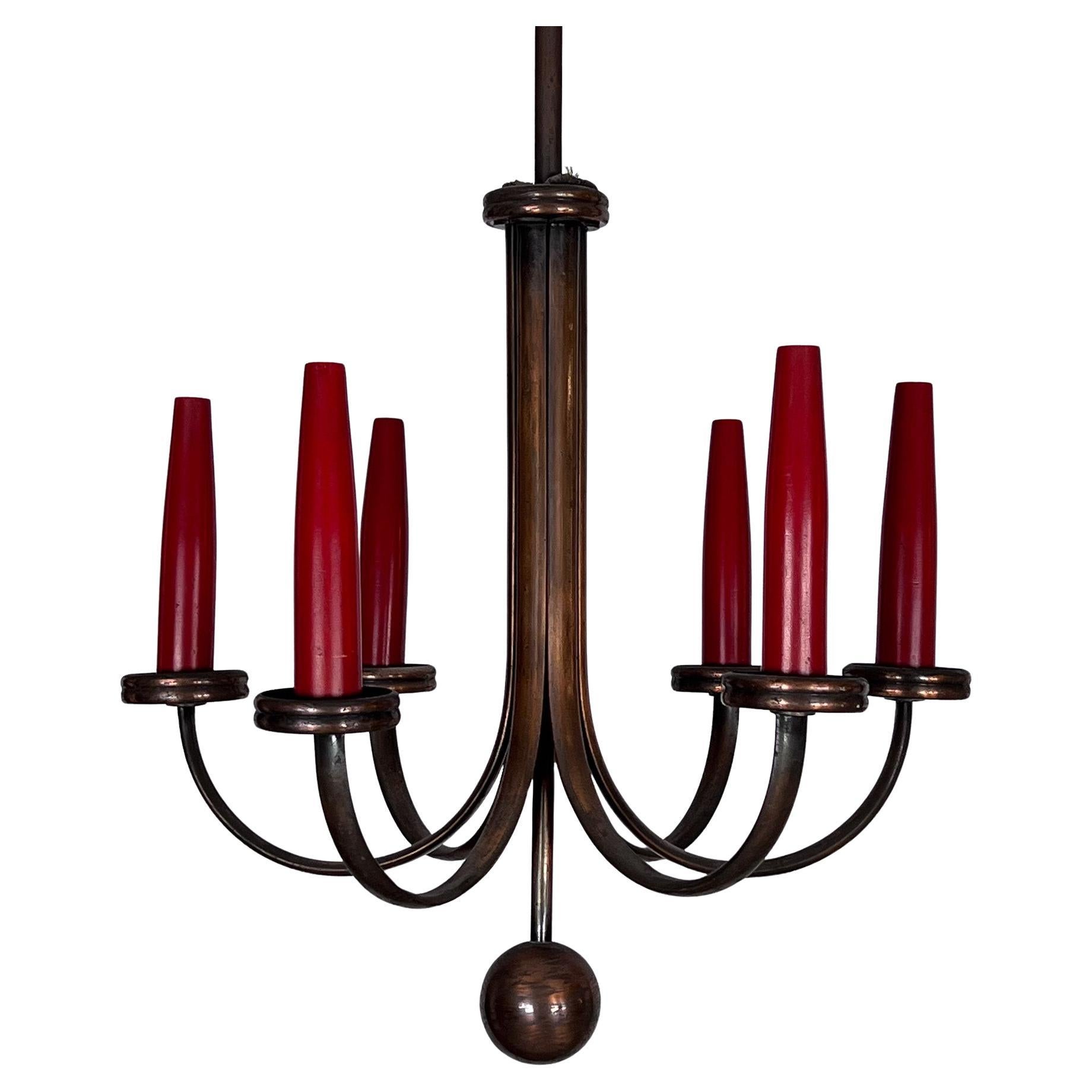 Araña de cobre de seis brazos moderna de mediados de siglo en estilo Gio Ponti, Italia Años 50 en venta