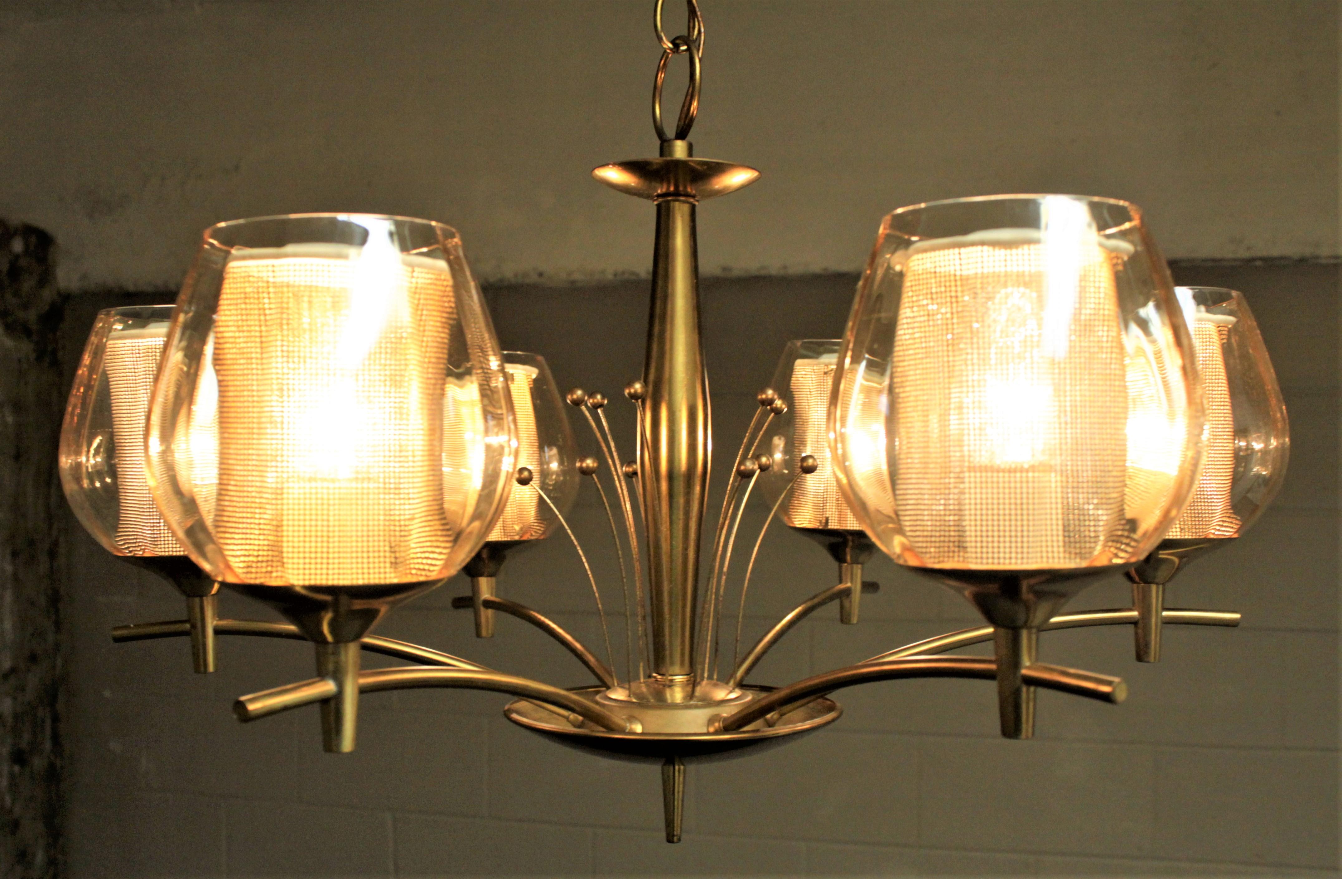 Mid-Century Modern Six Branch Brass & Glass Chandelier Attributed to G. Thurston For Sale 3