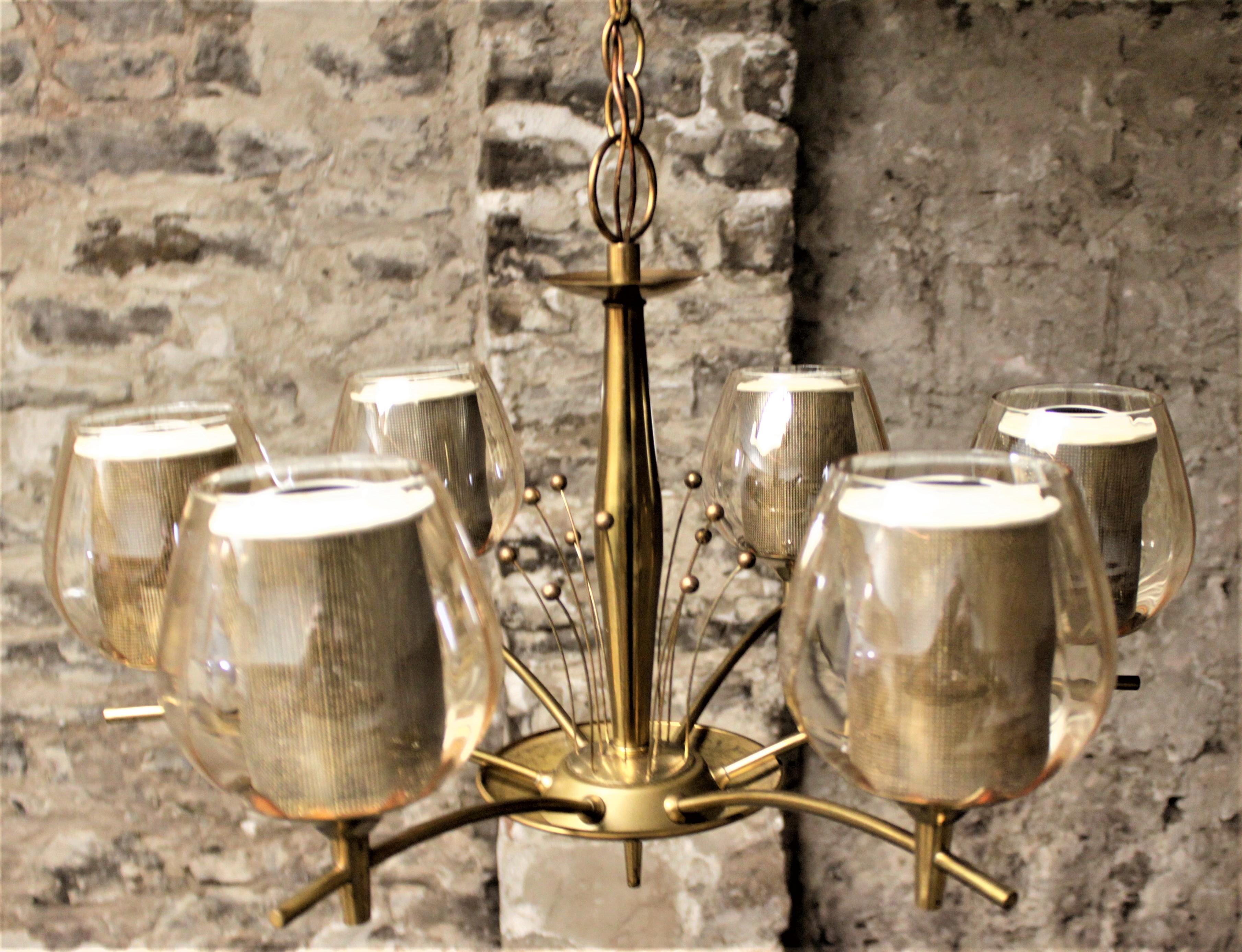 Mid-Century Modern Six Branch Brass & Glass Chandelier Attributed to G. Thurston For Sale 4