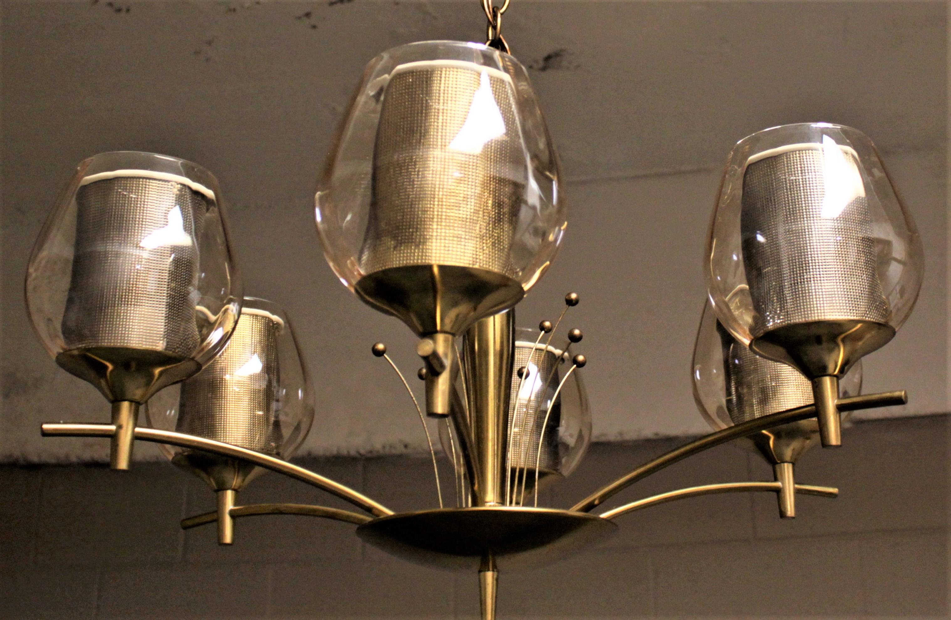 Mid-Century Modern Six Branch Brass & Glass Chandelier Attributed to G. Thurston For Sale 6