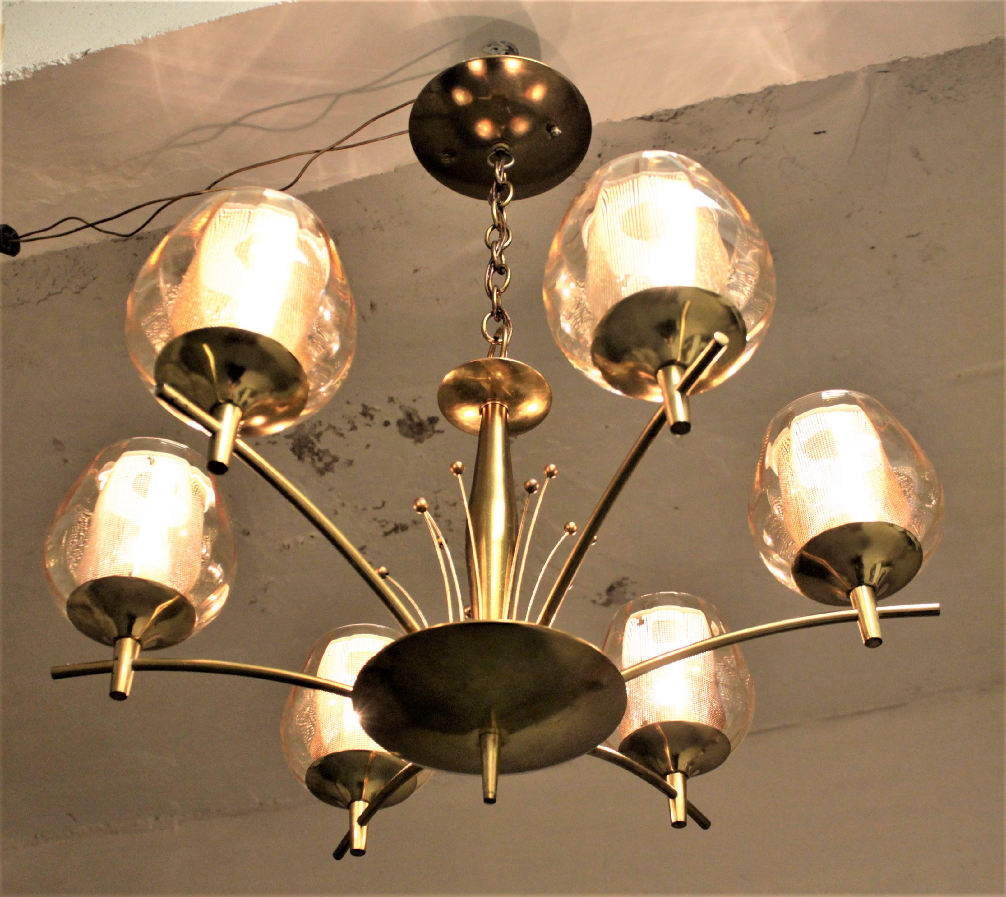 Mid-Century Modern Six Branch Brass & Glass Chandelier Attributed to G. Thurston For Sale 9