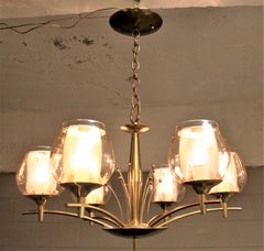 Mid-Century Modern Six Branch Brass & Glass Chandelier Attributed to G. Thurston