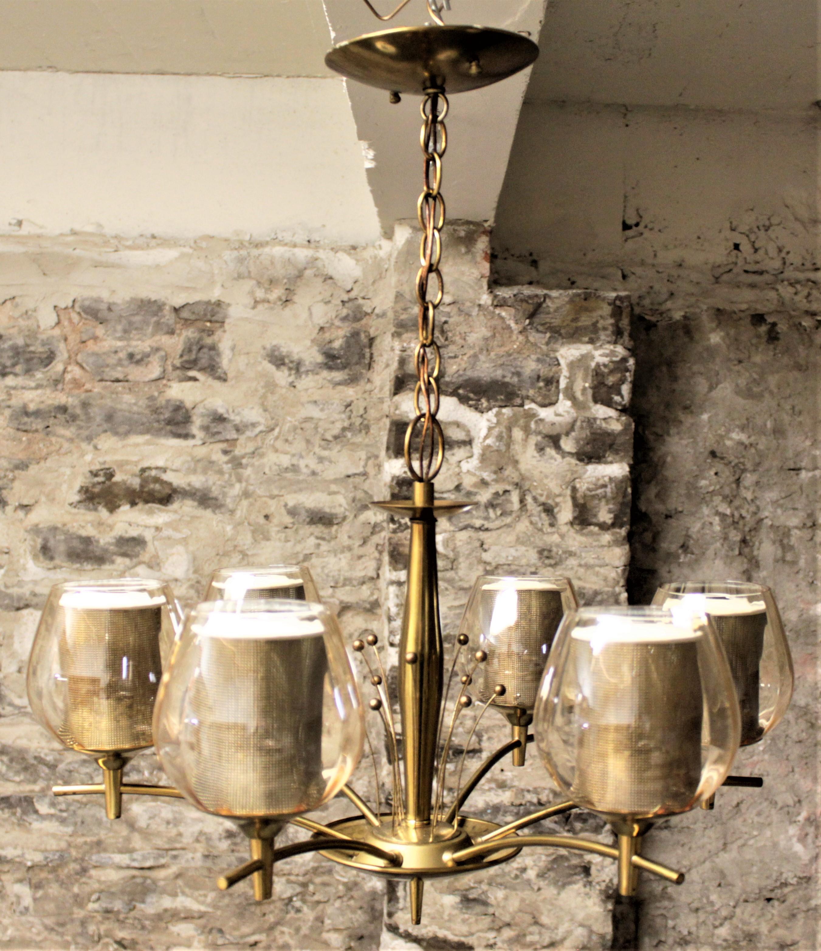 American Mid-Century Modern Six Branch Brass & Glass Chandelier Attributed to G. Thurston For Sale