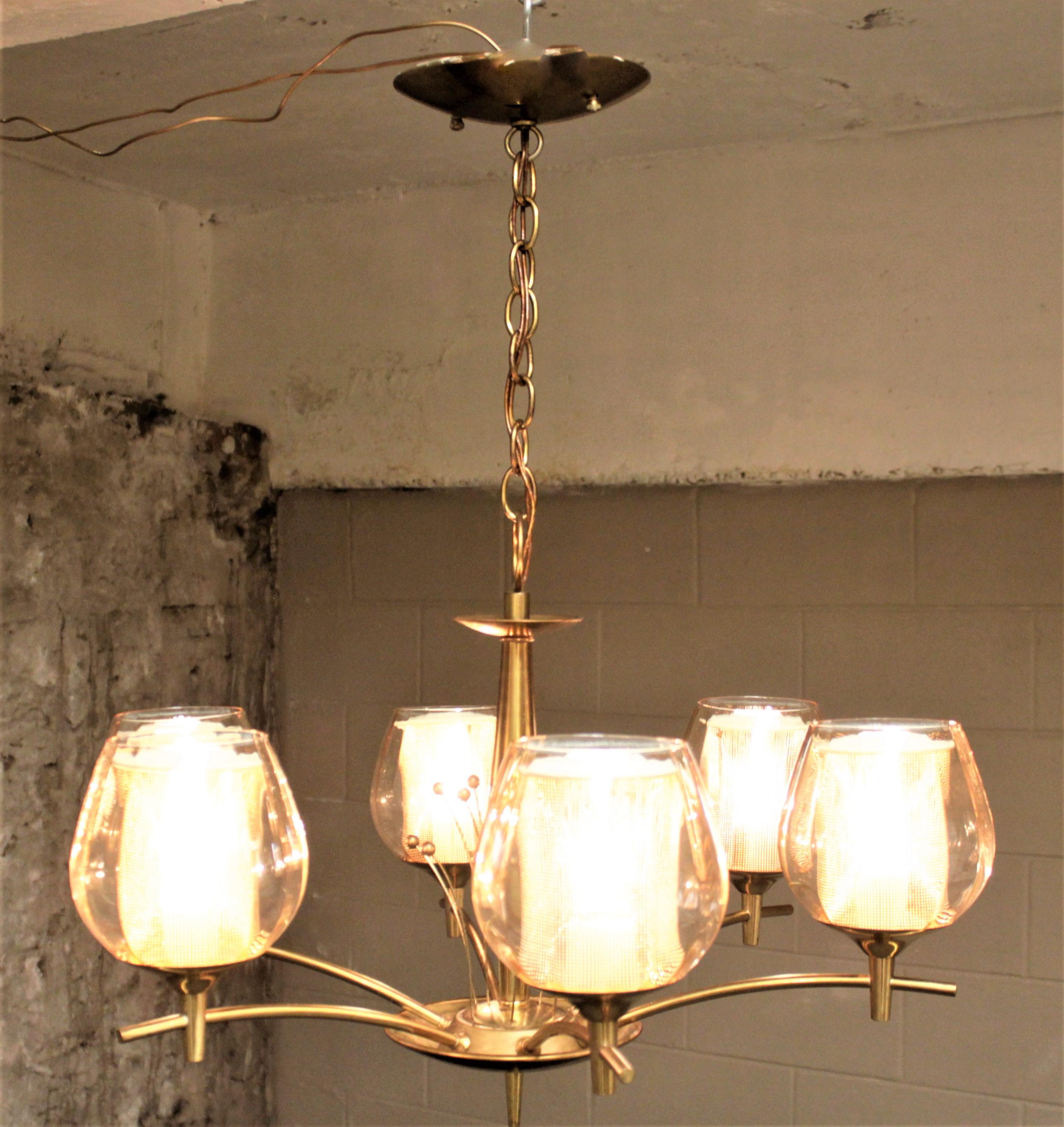 Machine-Made Mid-Century Modern Six Branch Brass & Glass Chandelier Attributed to G. Thurston For Sale