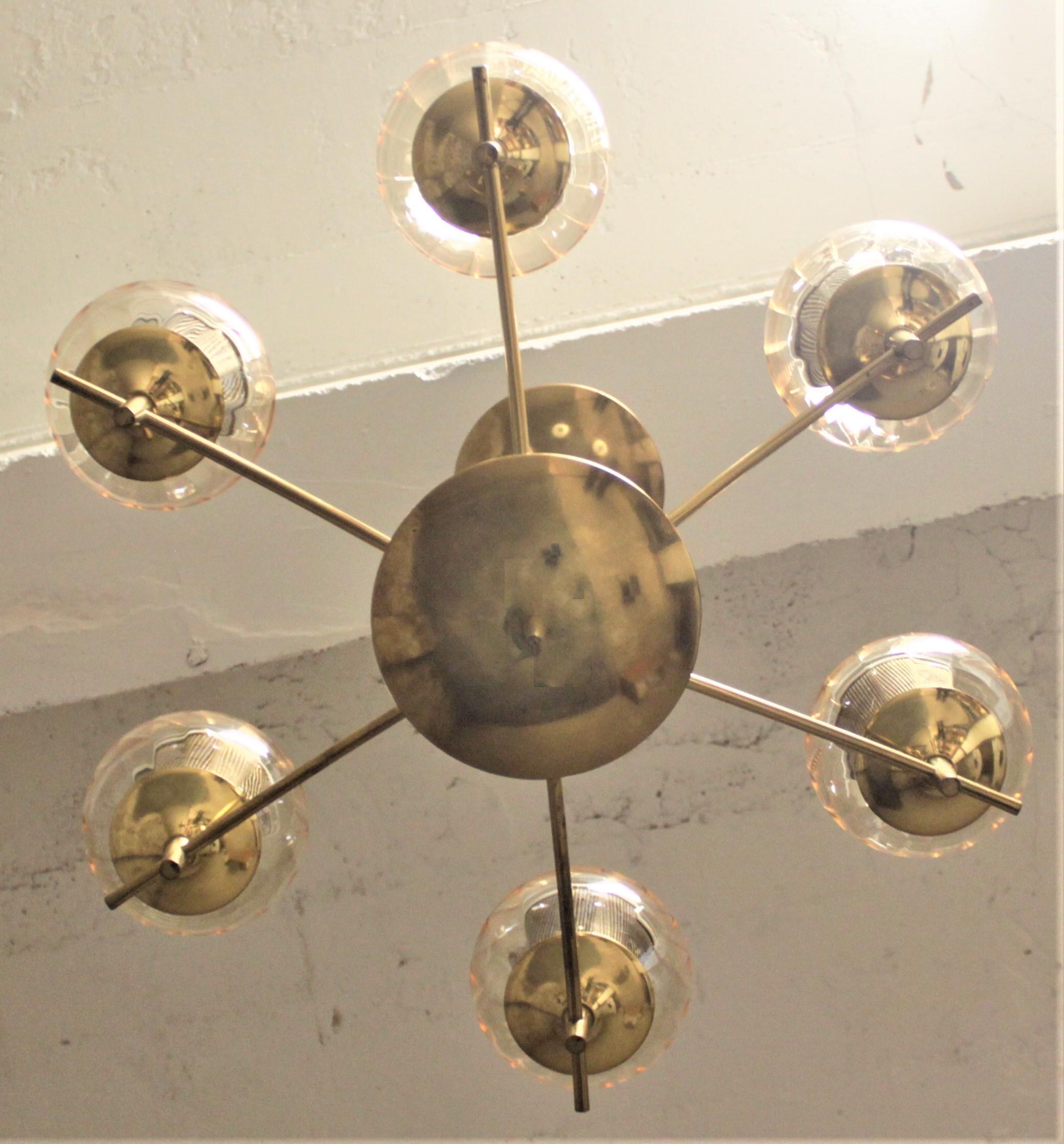 20th Century Mid-Century Modern Six Branch Brass & Glass Chandelier Attributed to G. Thurston For Sale