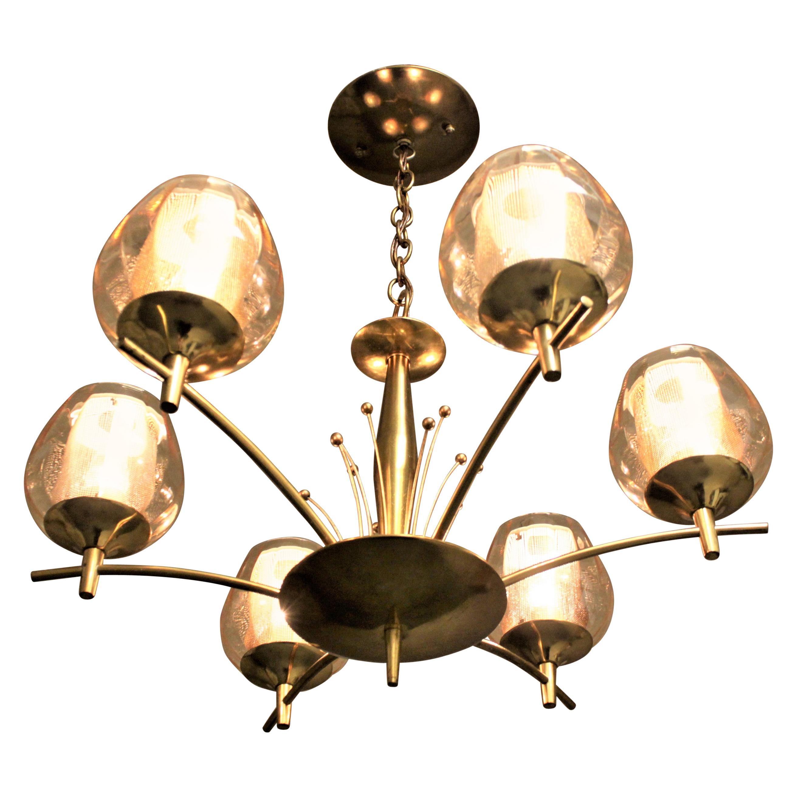 Mid-Century Modern Six Branch Brass & Glass Chandelier Attributed to G. Thurston For Sale