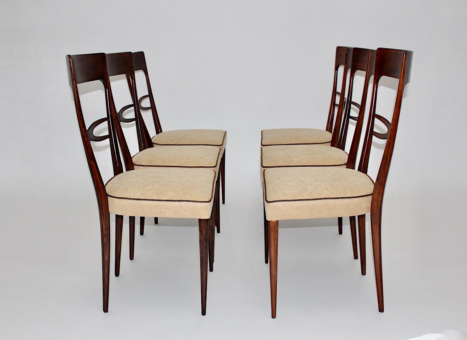 Upholstery Mid-Century Modern Six Dining Chairs Brown Beech Melchiorre Bega, 1950, Italy