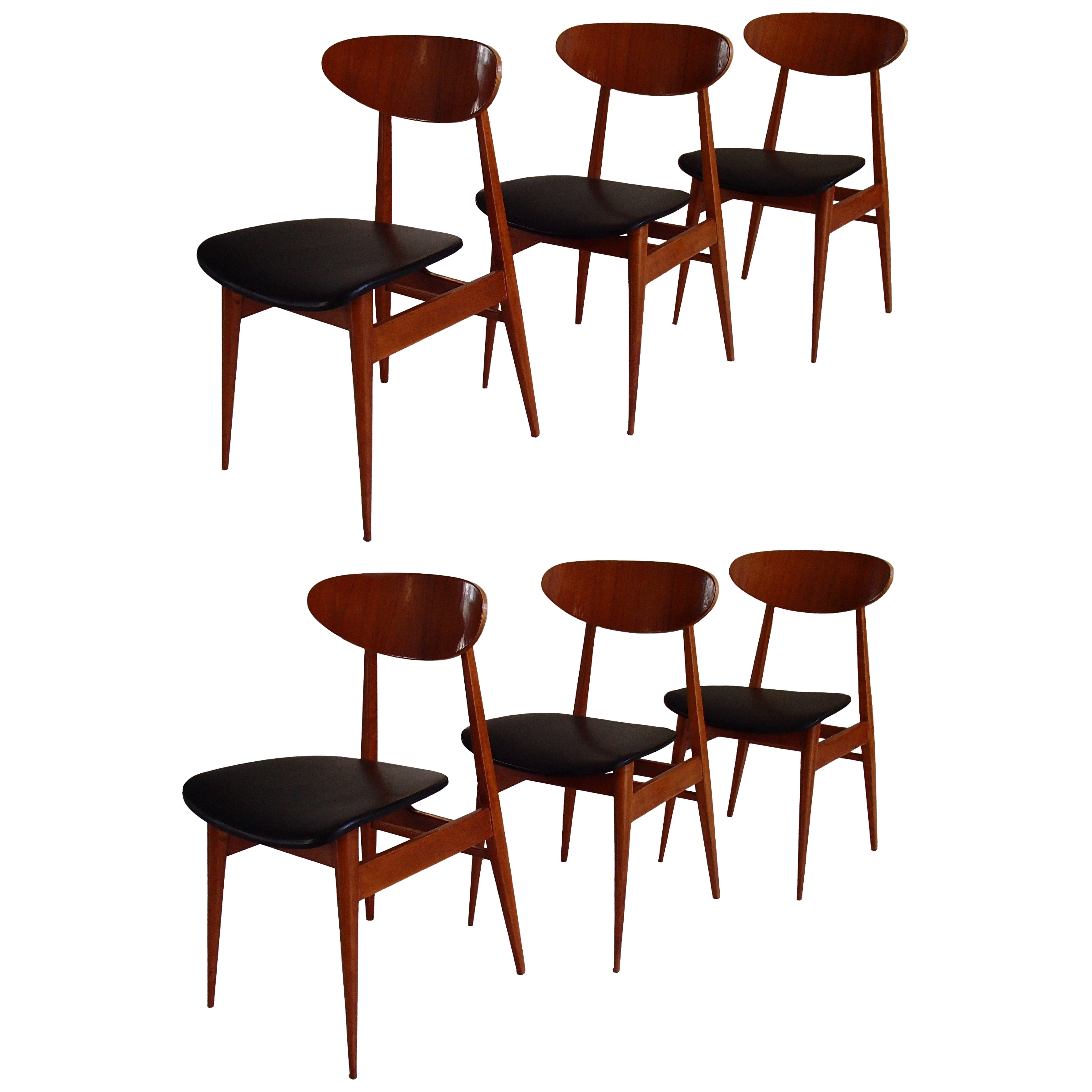 Mid-Century Modern Six Dinning Chairs Buche with Black Simili Leatherette For Sale