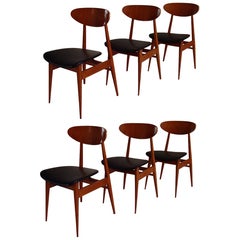 Sei sedie da pranzo moderne di metà secolo Buche con similpelle nera