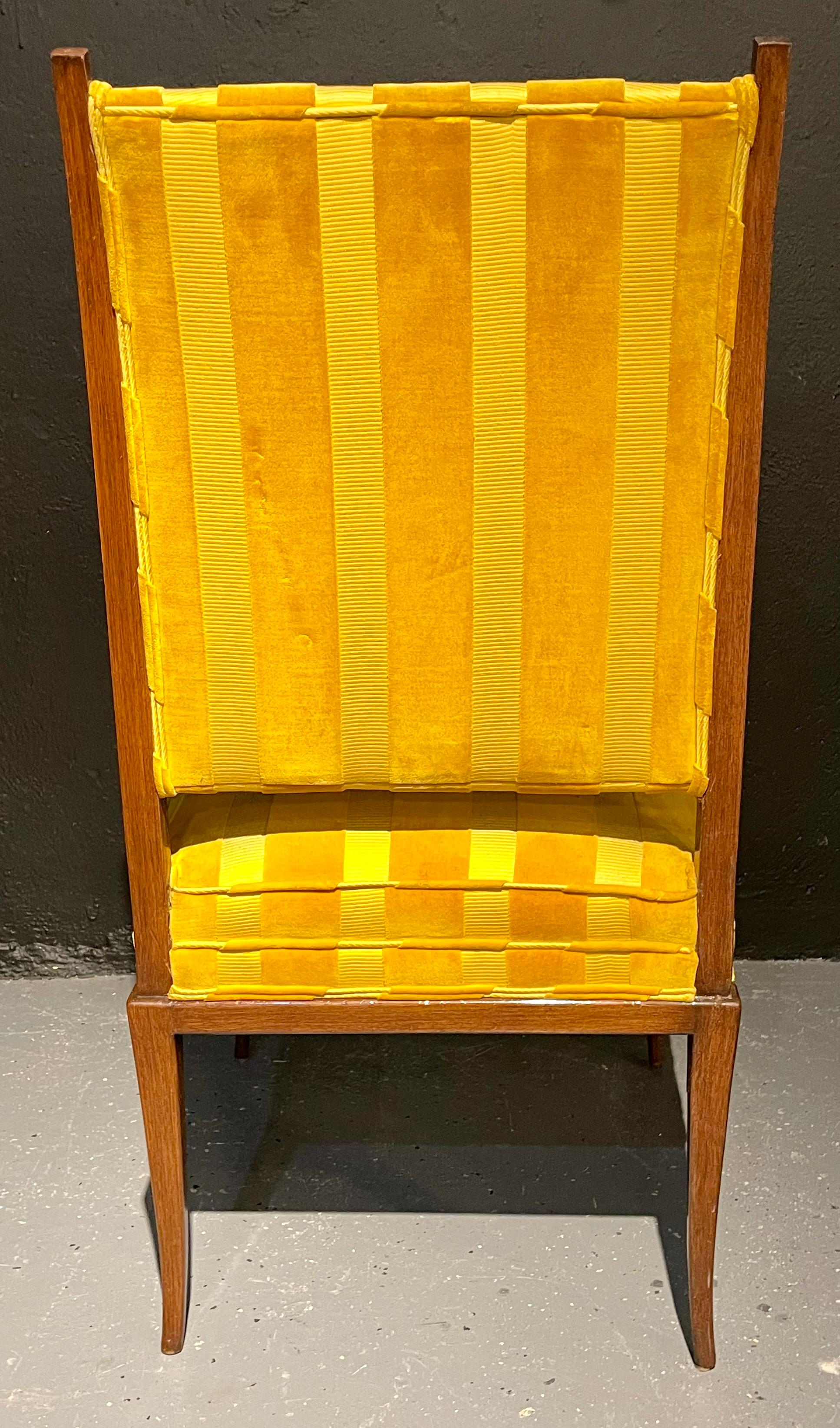 Tommi Parzinger, Mid-Century Modern, Dining Chairs, Brown Wood, Yellow Fabric For Sale 5