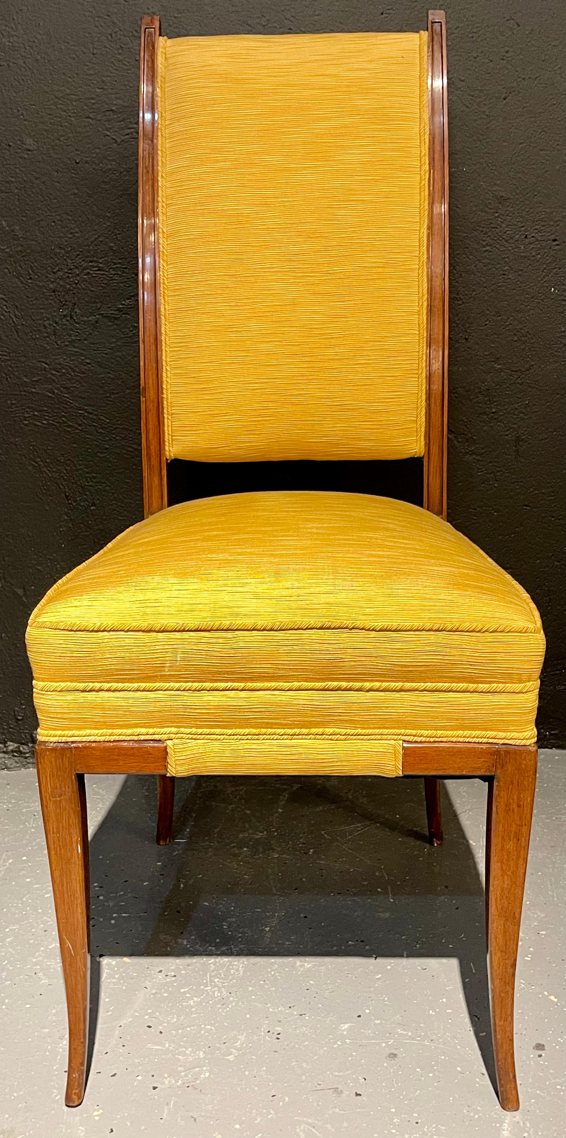 Tommi Parzinger, Mid-Century Modern, Dining Chairs, Brown Wood, Yellow Fabric For Sale 6