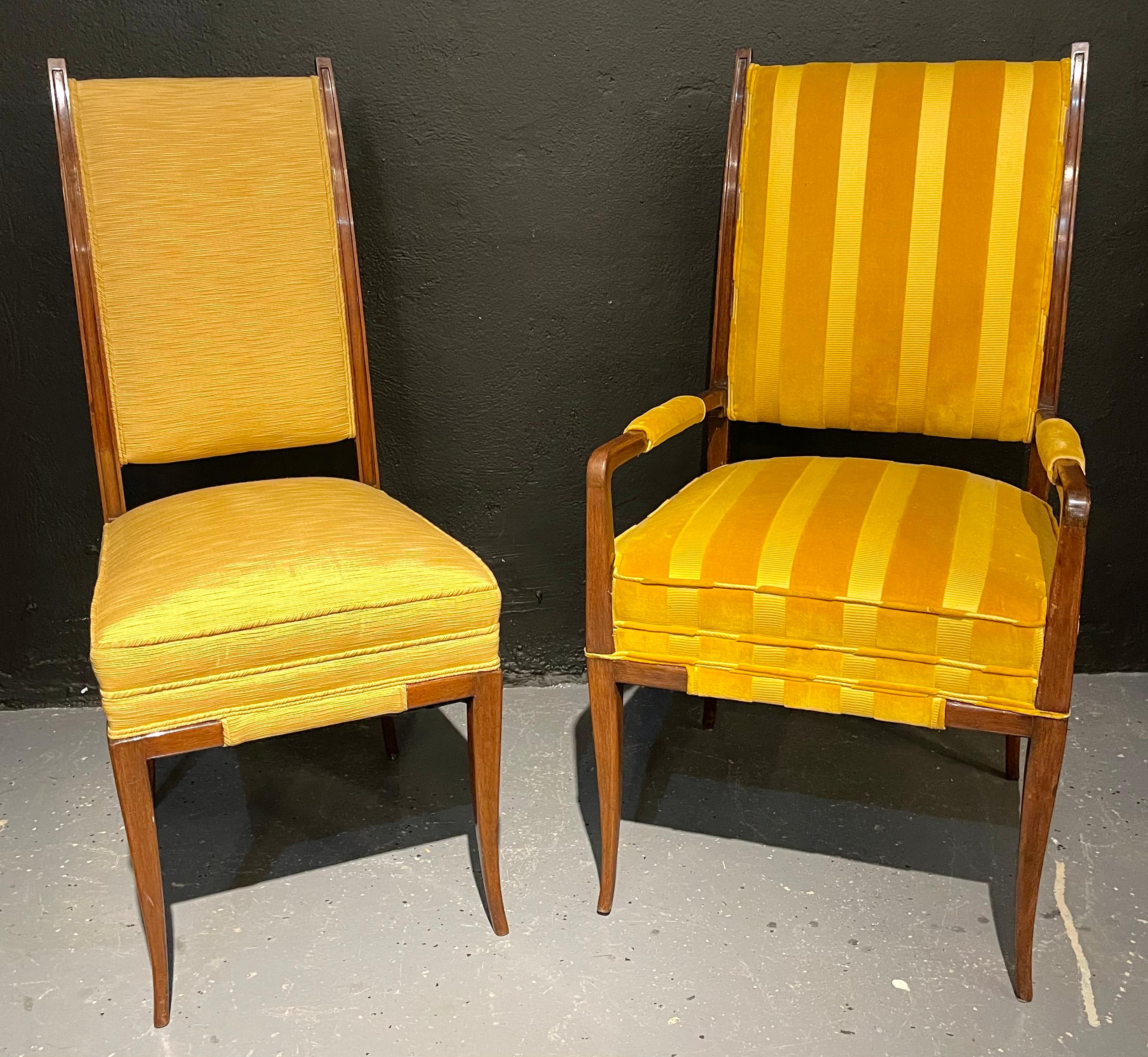 Tommi Parzinger, Mid-Century Modern, Dining Chairs, Brown Wood, Yellow Fabric In Good Condition For Sale In Stamford, CT
