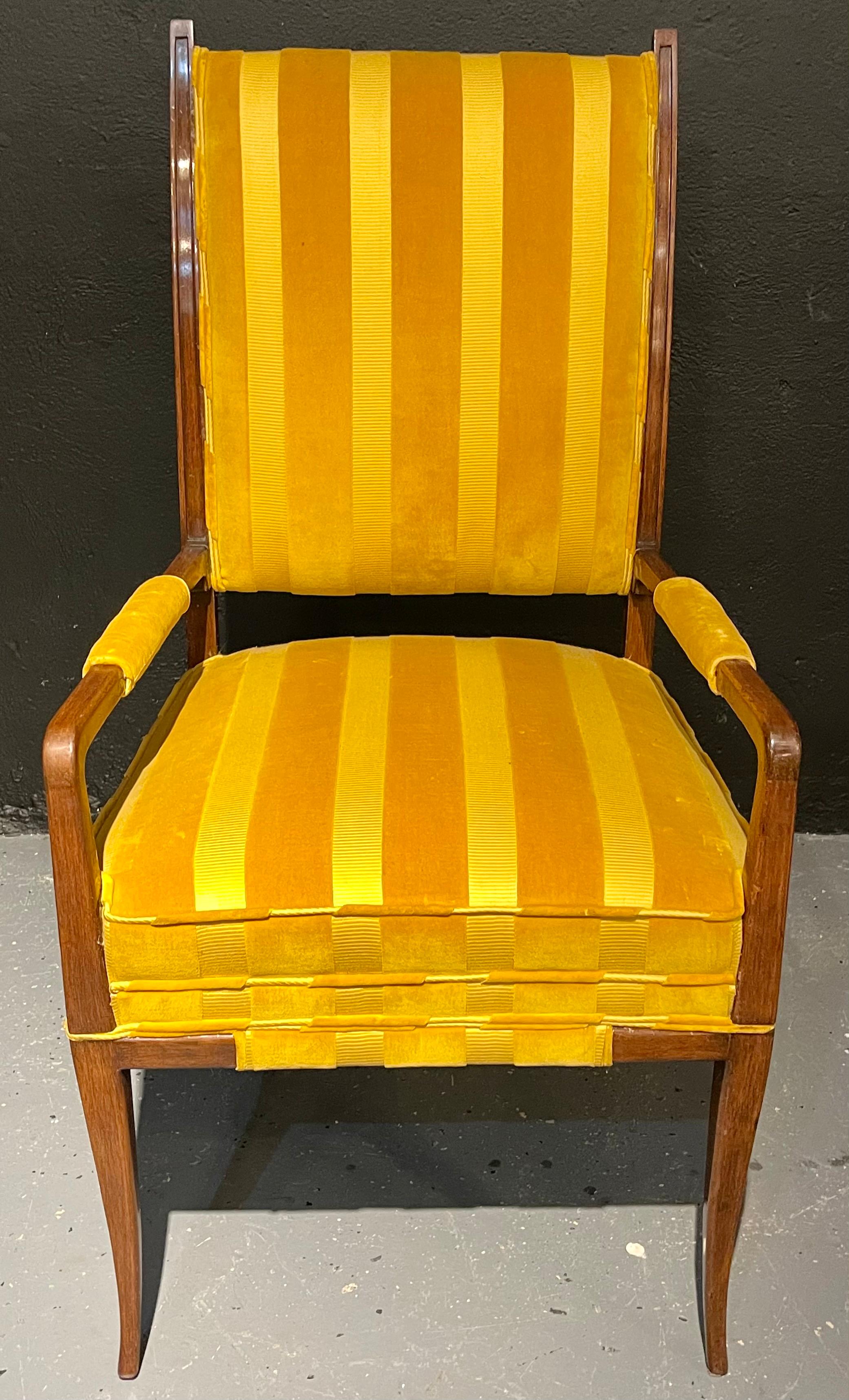 20th Century Tommi Parzinger, Mid-Century Modern, Dining Chairs, Brown Wood, Yellow Fabric For Sale