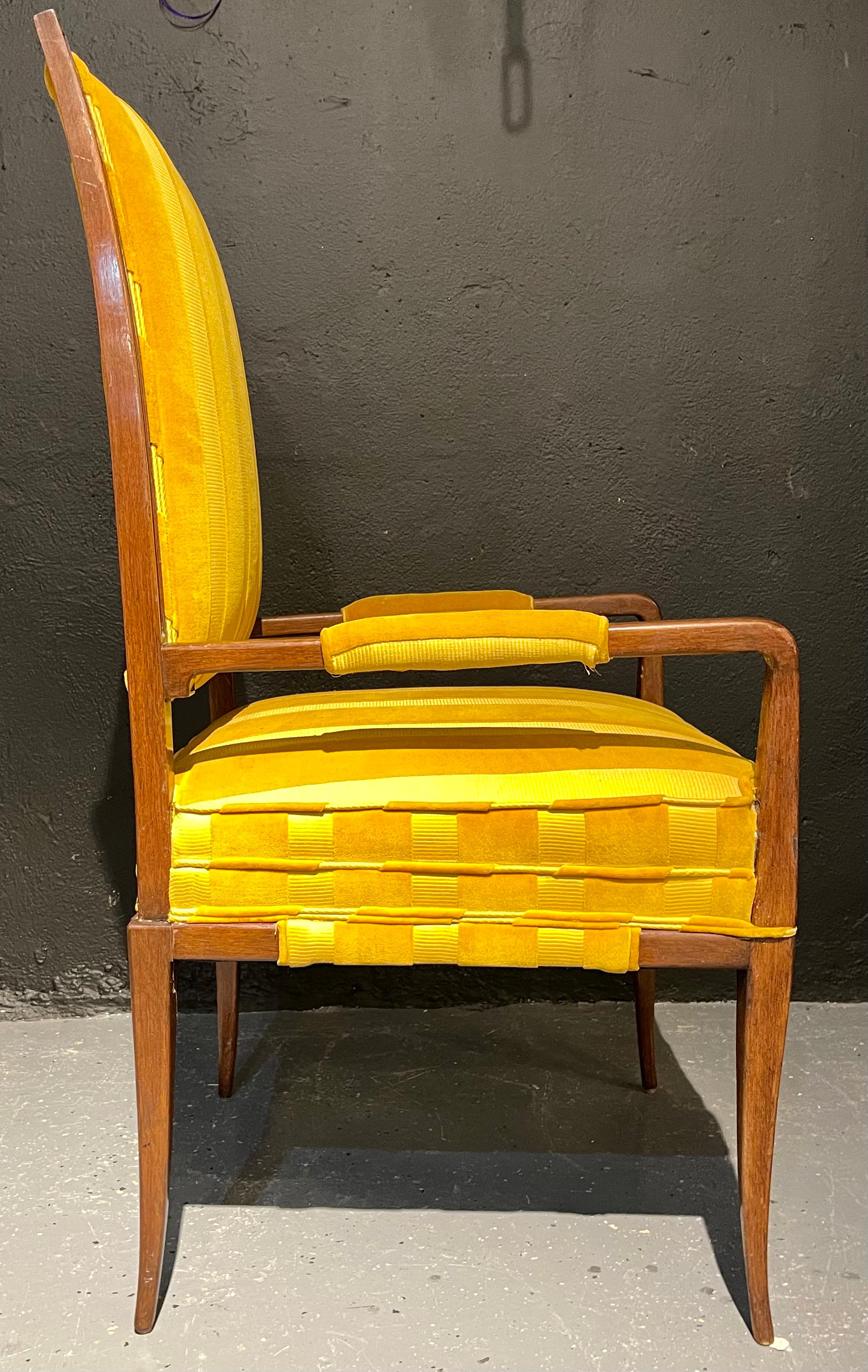 Tommi Parzinger, Mid-Century Modern, Dining Chairs, Brown Wood, Yellow Fabric For Sale 4