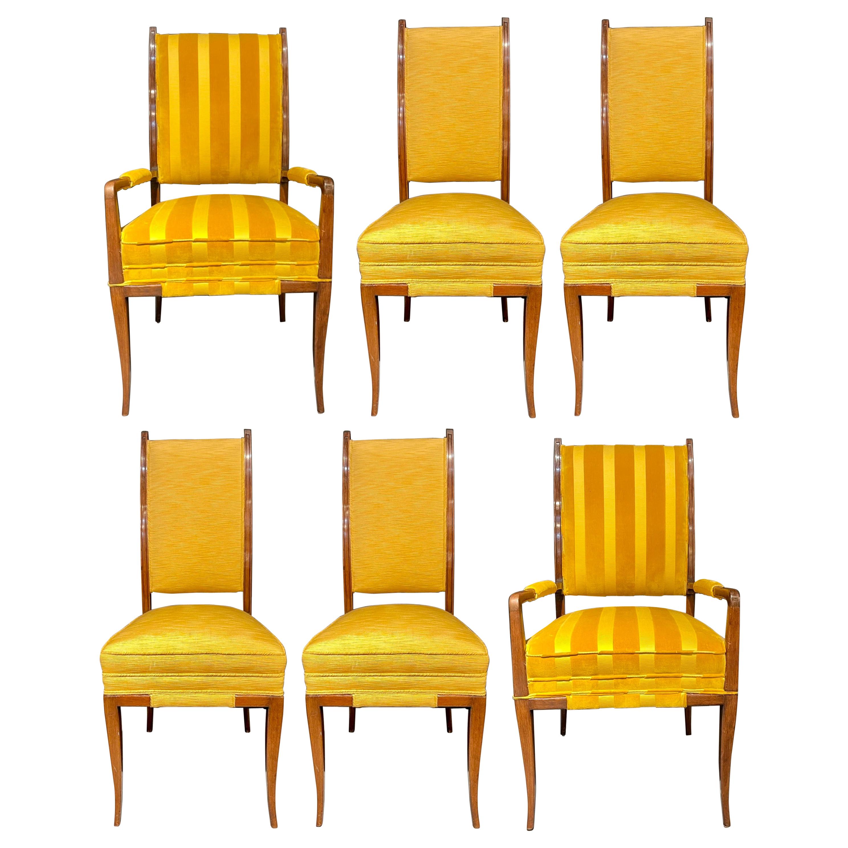 Tommi Parzinger, Mid-Century Modern, Dining Chairs, Brown Wood, Yellow Fabric For Sale