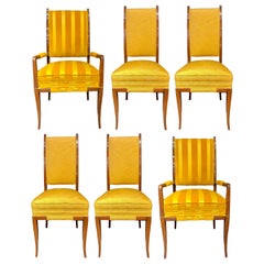 Retro Tommi Parzinger, Mid-Century Modern, Dining Chairs, Brown Wood, Yellow Fabric