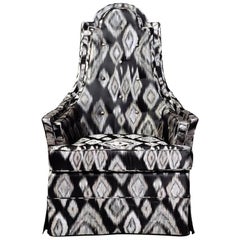 Mid-Century Modern Skirted High Back Chair in Black and Silver Ikat. c. 1960's