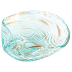 Mid-Century Modern Sky Blue Hand Blown Murano Bowl with 24-Karat Gold Flecks