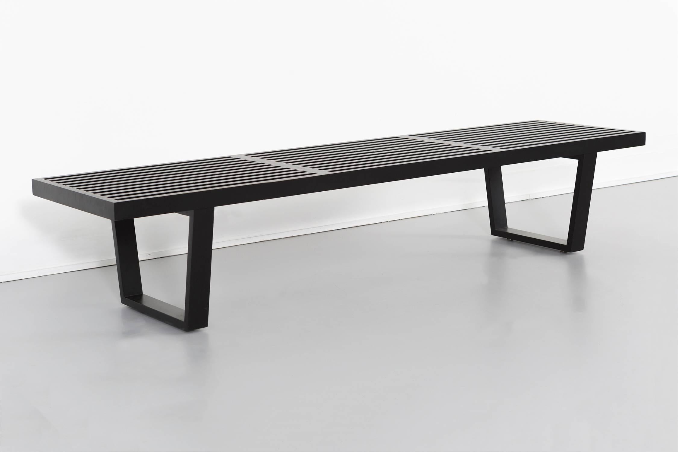 Bench

Designed by George Nelson for Herman Miller

USA, circa 1960s

Ebonized wood

Measures: 14” H x 72” W x 18 ½” D x seat 14” H.