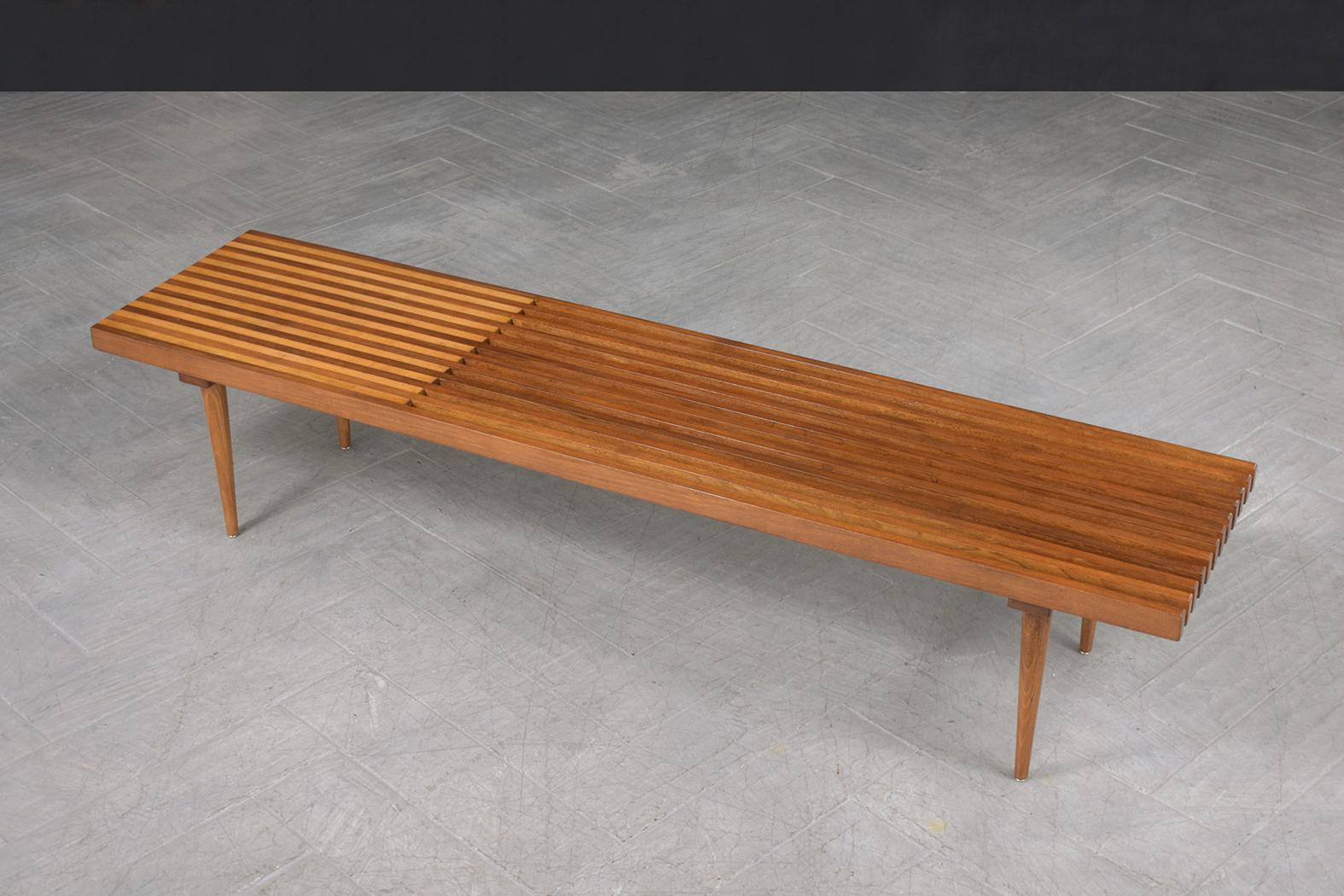 Hand-Crafted Restored Mid-Century Modern Slatted Bench