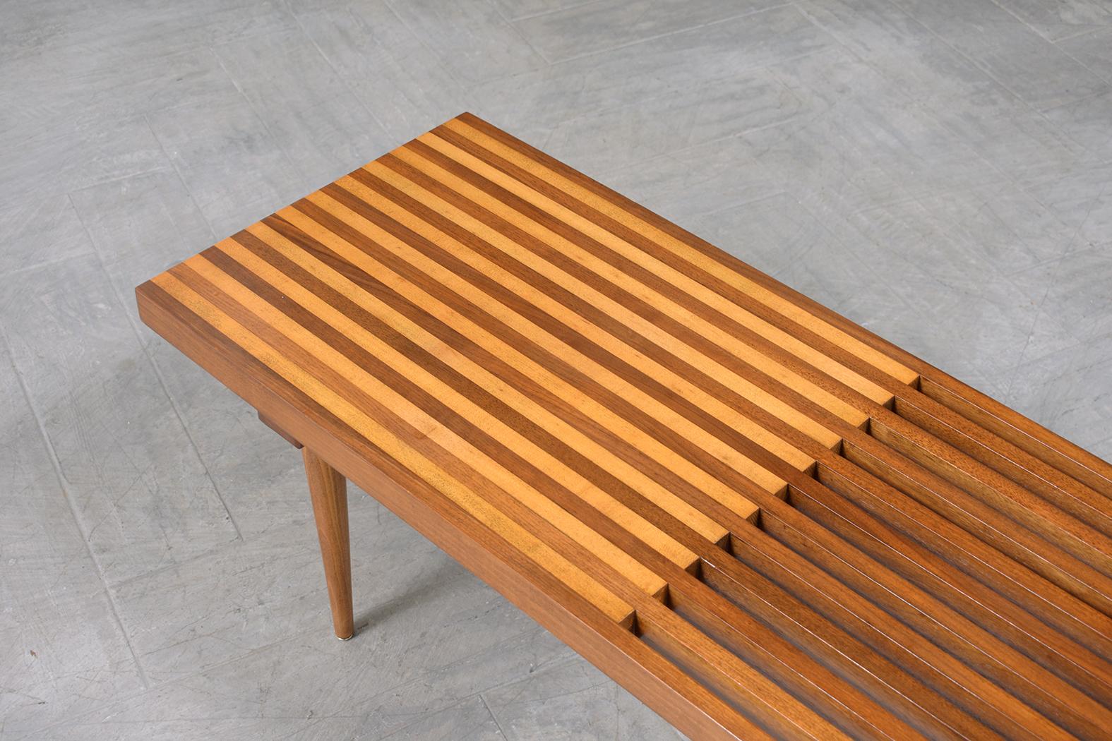 Restored Mid-Century Modern Slatted Bench In Good Condition In Los Angeles, CA