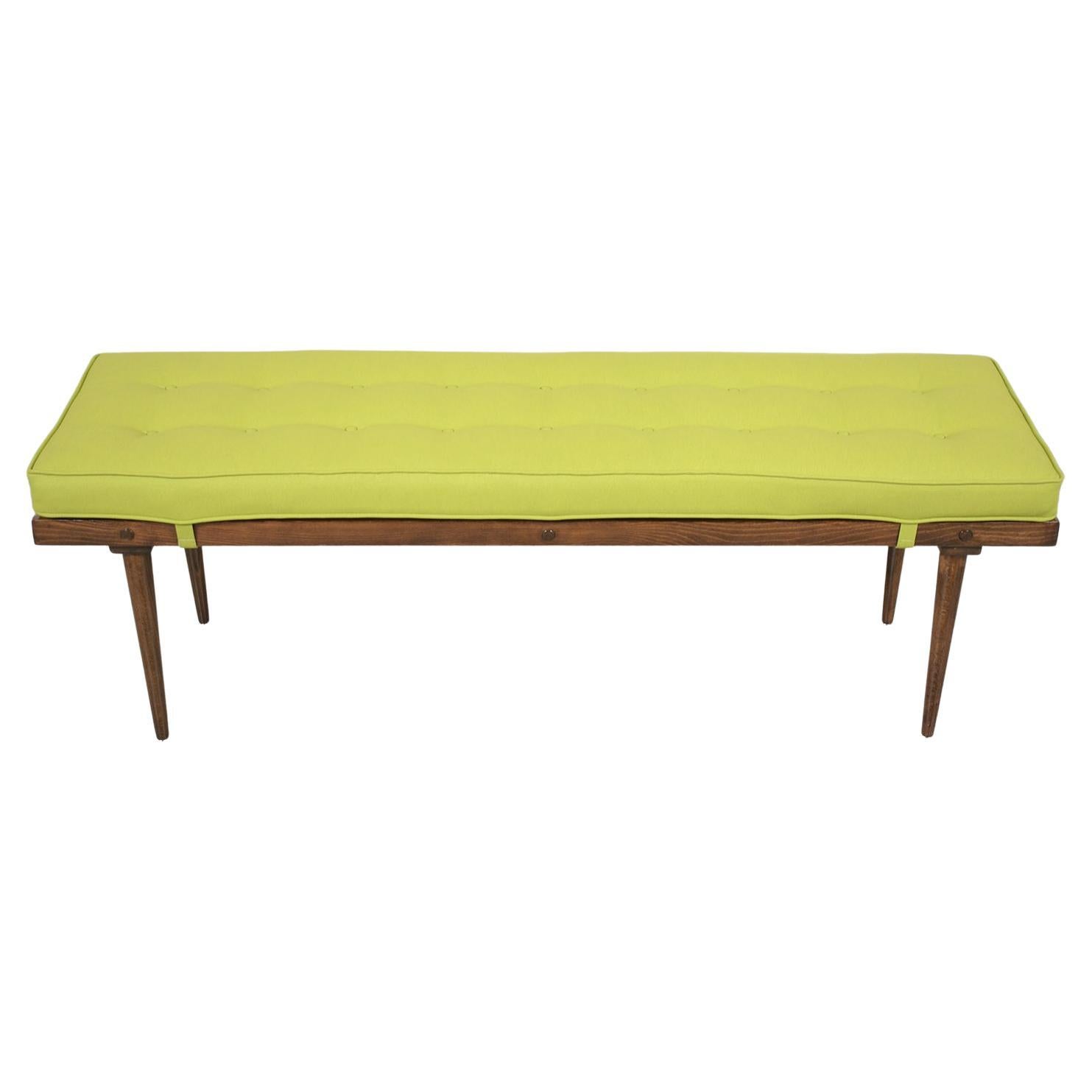 Restored Mid-Century Slatted Wood Bench with Green Vinyl Cushion For Sale
