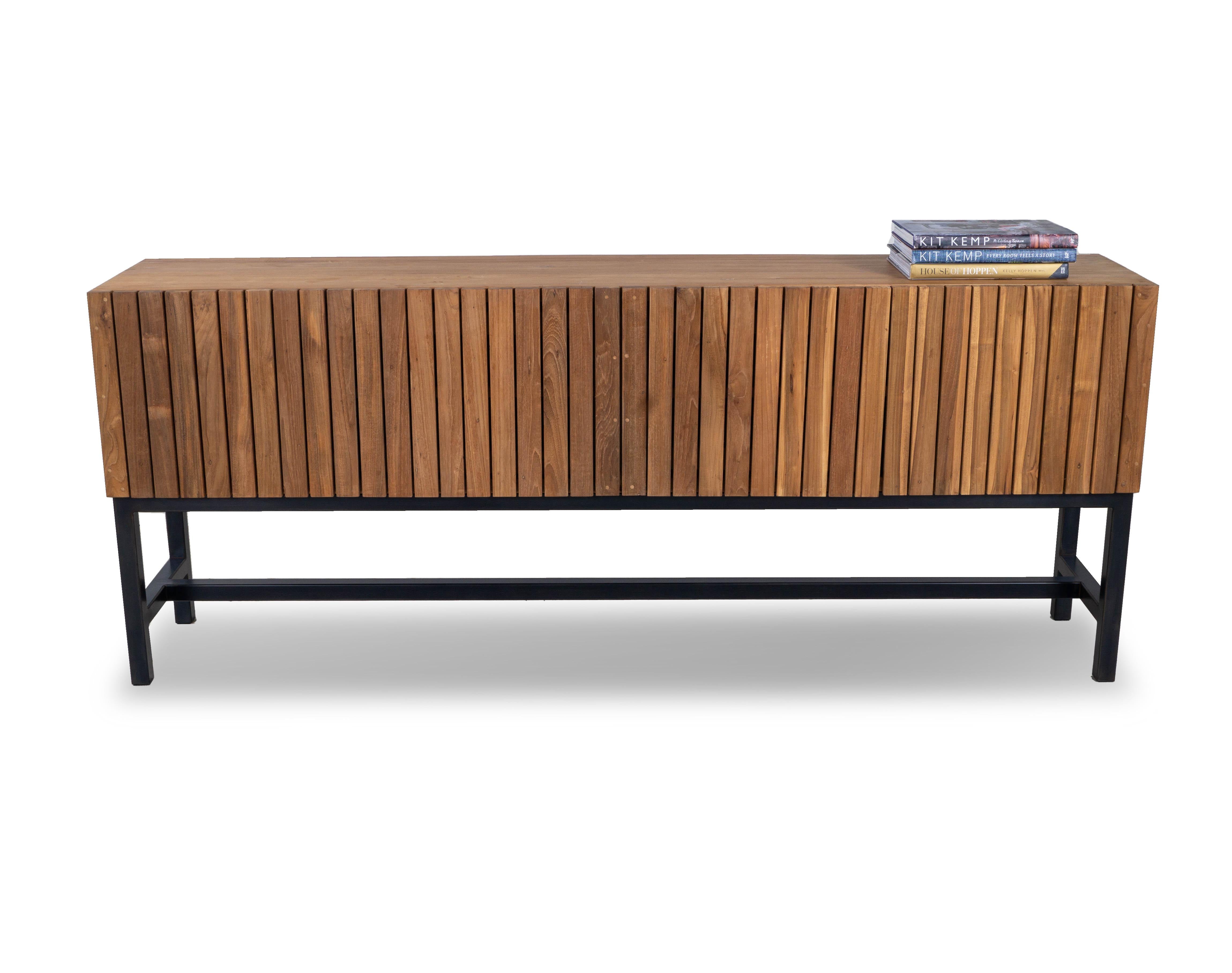 Introducing the Mid-Century Modern Slat Front Console, a beautiful cabinet made from high-quality organic slats. This furniture piece is perfect for any home with a mid-century aesthetic, or for anyone who desires a natural and organically inspired