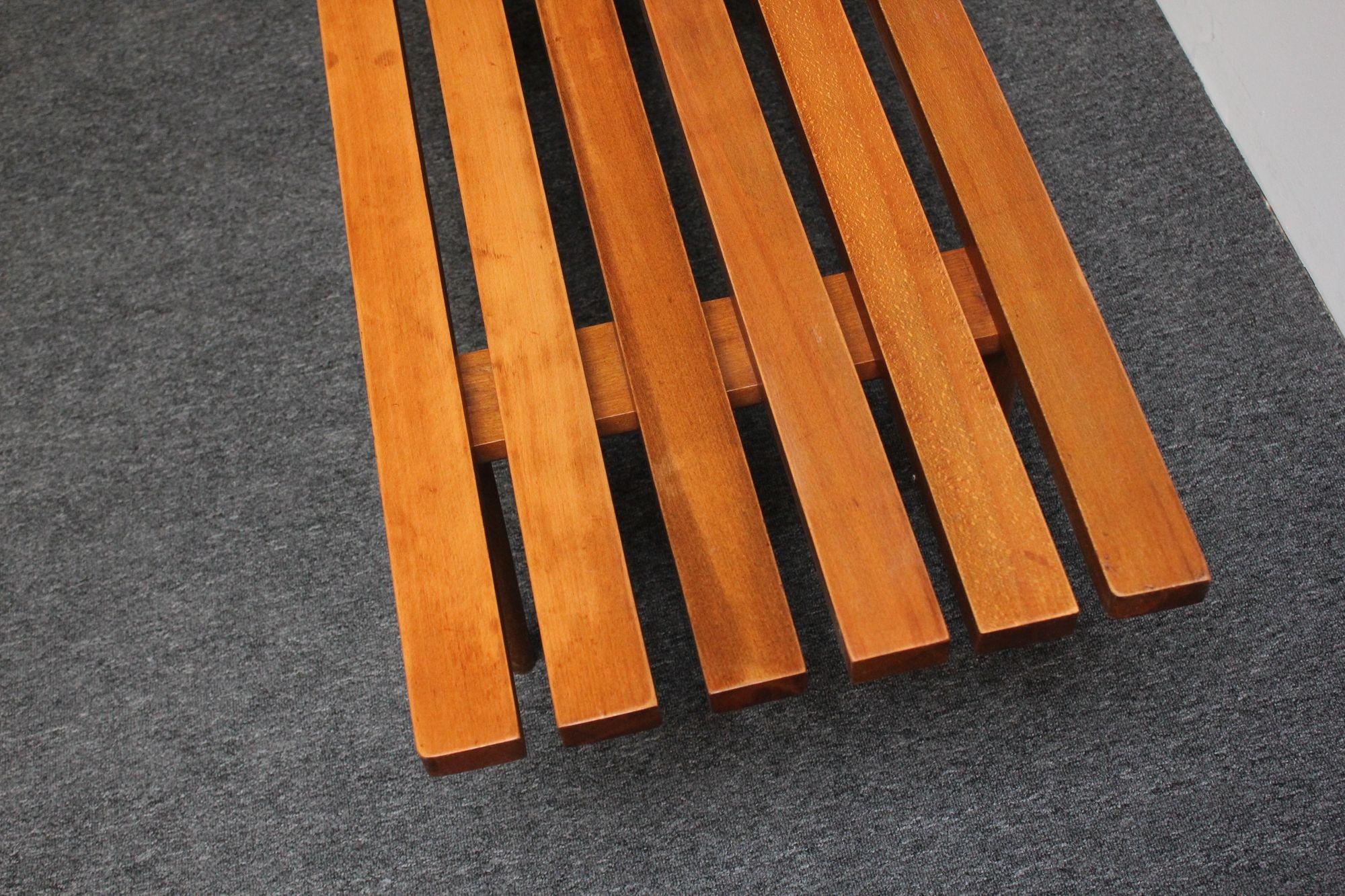Mid-Century Modern Slat Oak Bench / Coffee Table with Tapered Legs and Cushion For Sale 12