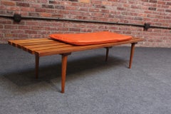 Mid-Century Modern Slat Oak Bench / Coffee Table with Tapered Legs and Cushion