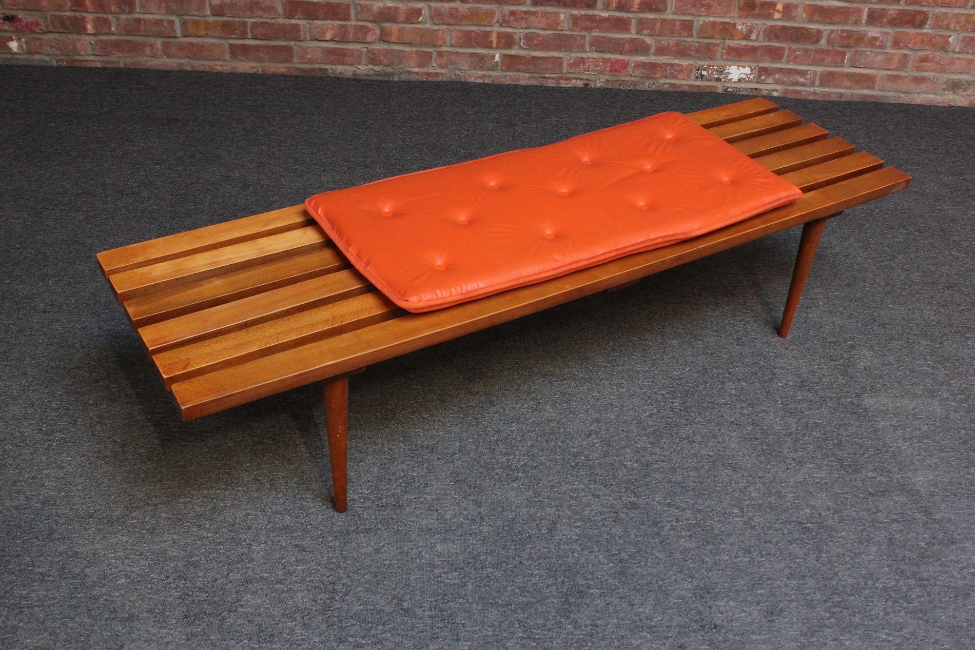 American Mid-Century Modern Slat Oak Bench / Coffee Table with Tapered Legs and Cushion For Sale