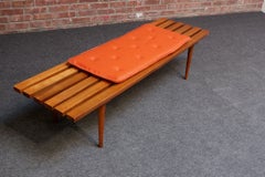 Mid-Century Modern Slat Oak Bench / Coffee Table with Tapered Legs and Cushion