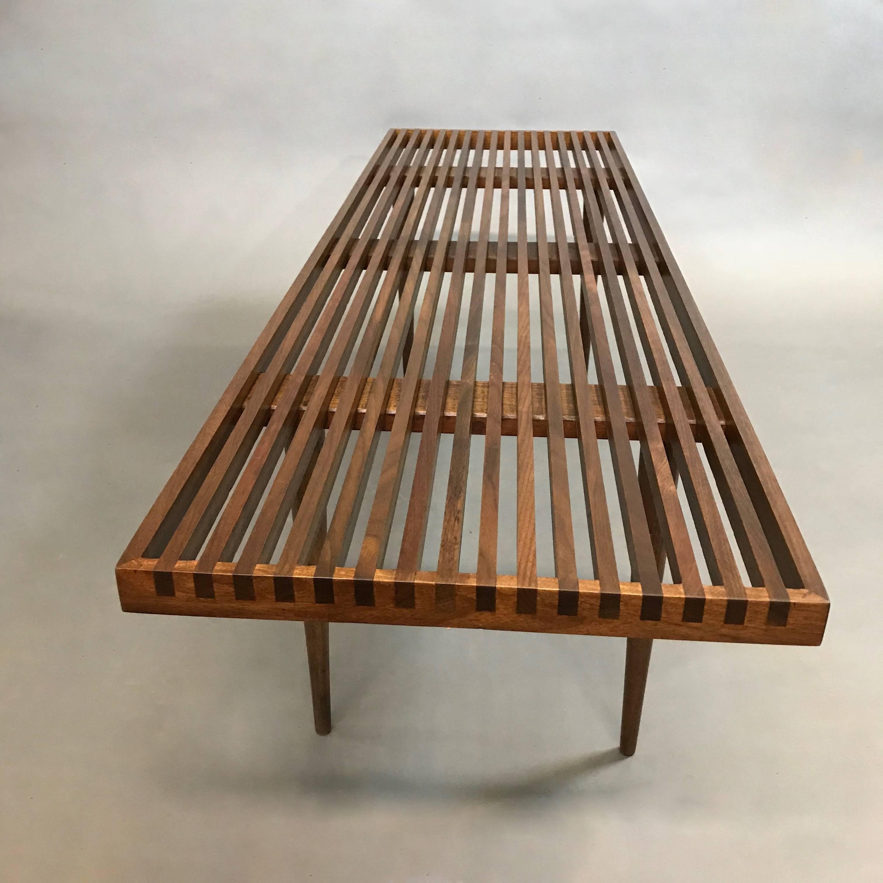 Mid-Century Modern Slat Walnut Coffee Table Bench by Mel Smilow 2