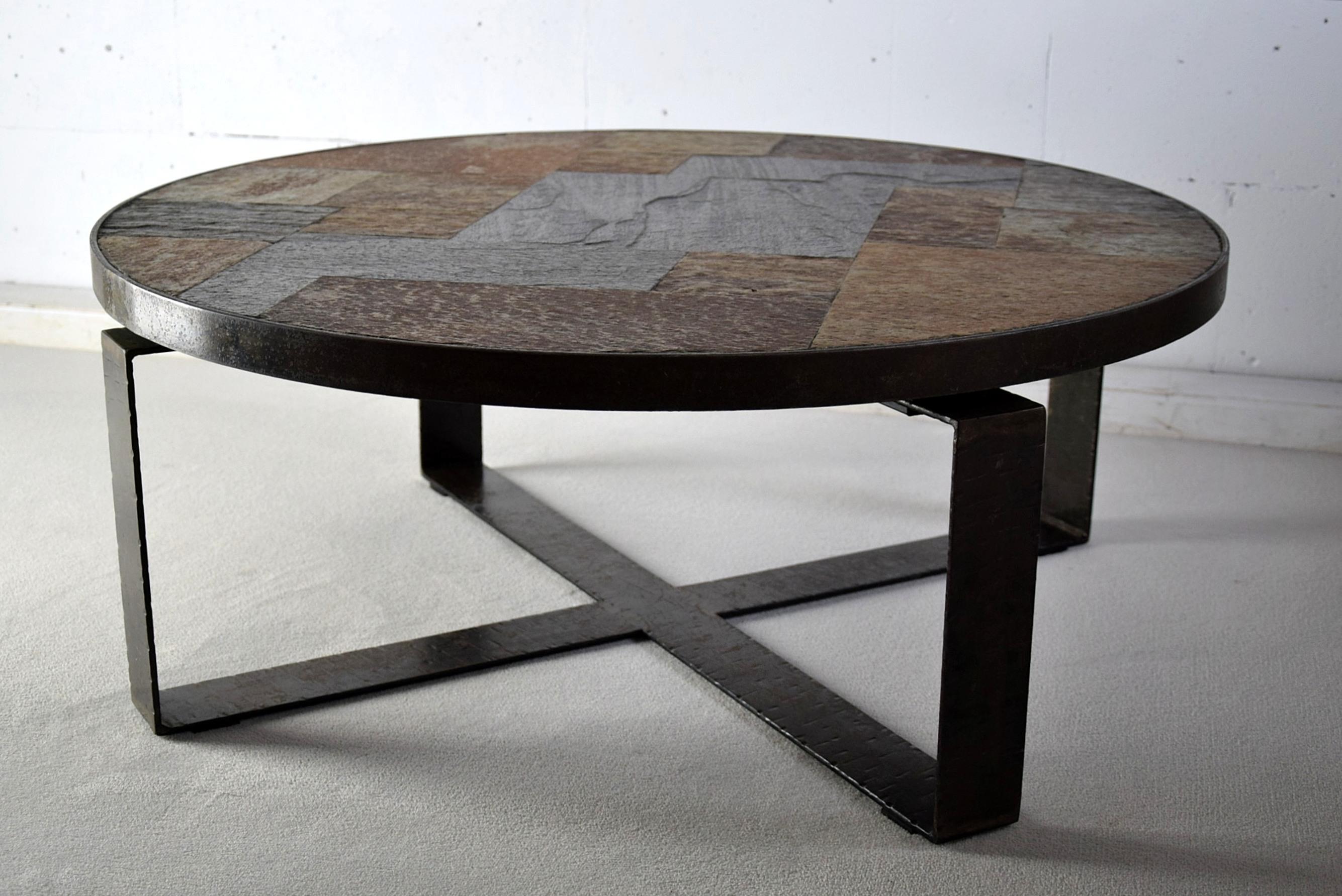 Dutch Mid-Century Modern Slate and Brass Coffee Table For Sale