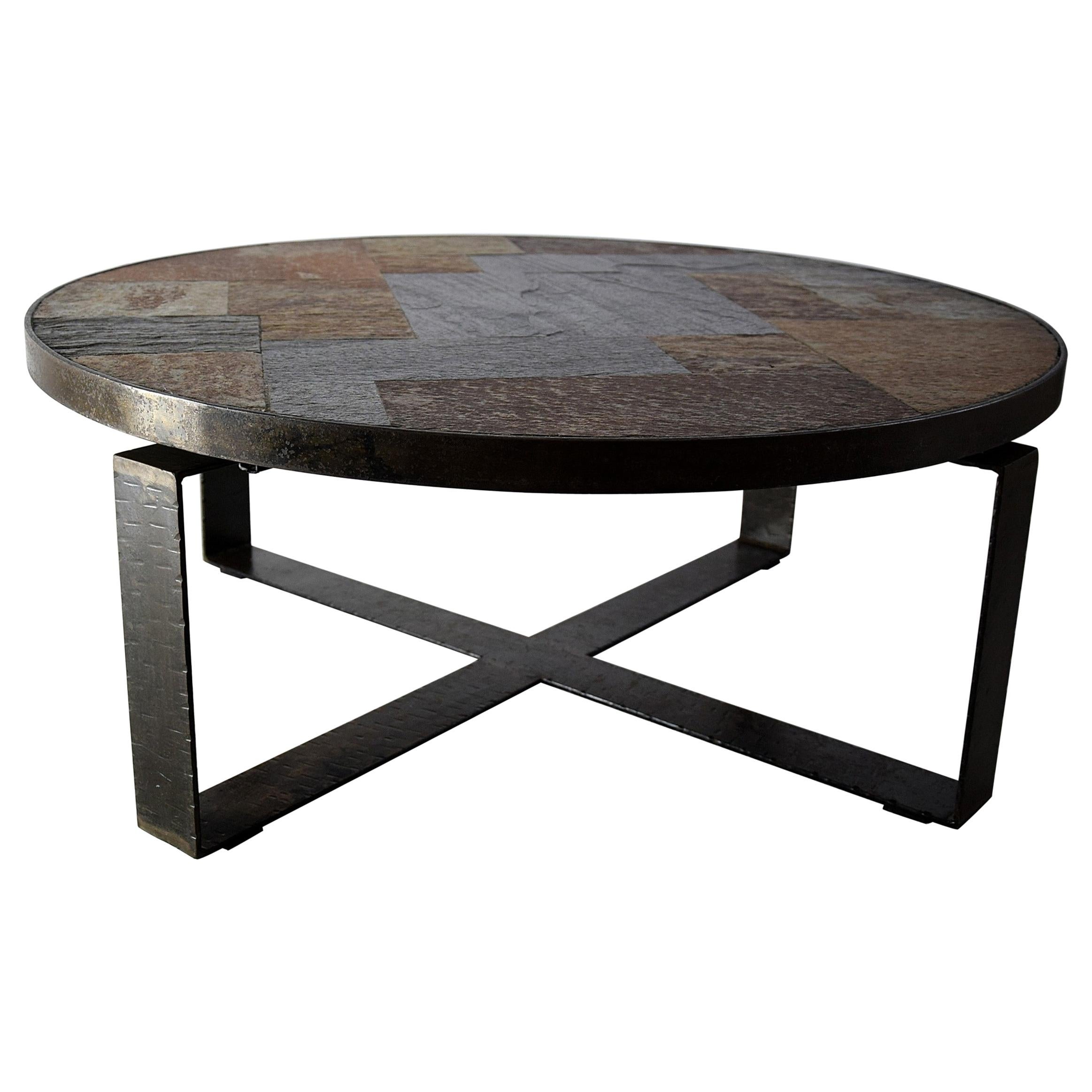 Mid-Century Modern Slate and Brass Coffee Table