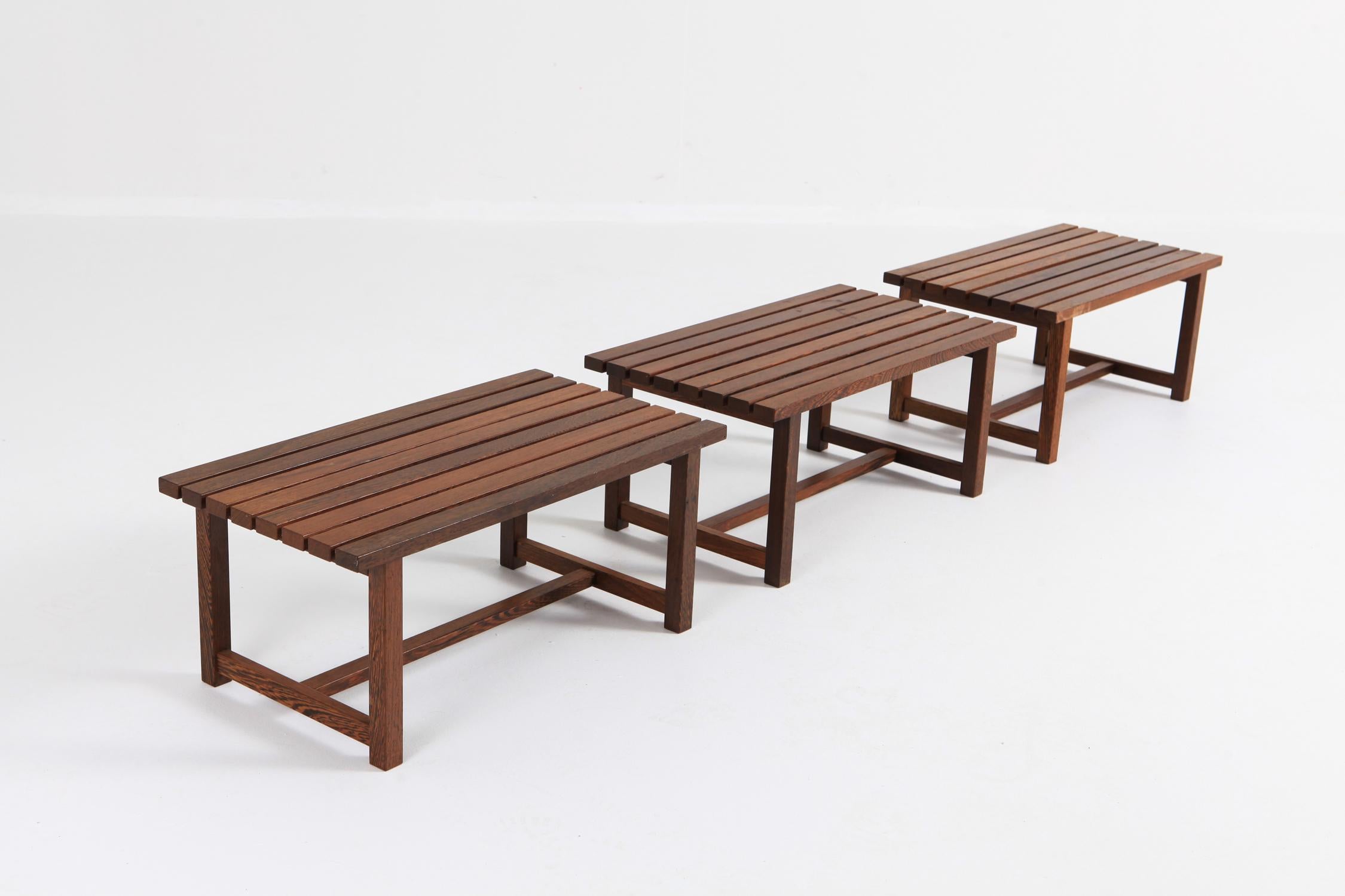 Minimalist 1960s benches in the style of Charlotte Perriand or Martin Visser.
Available per piece.
Can be used as a side table or as seating piece.
 