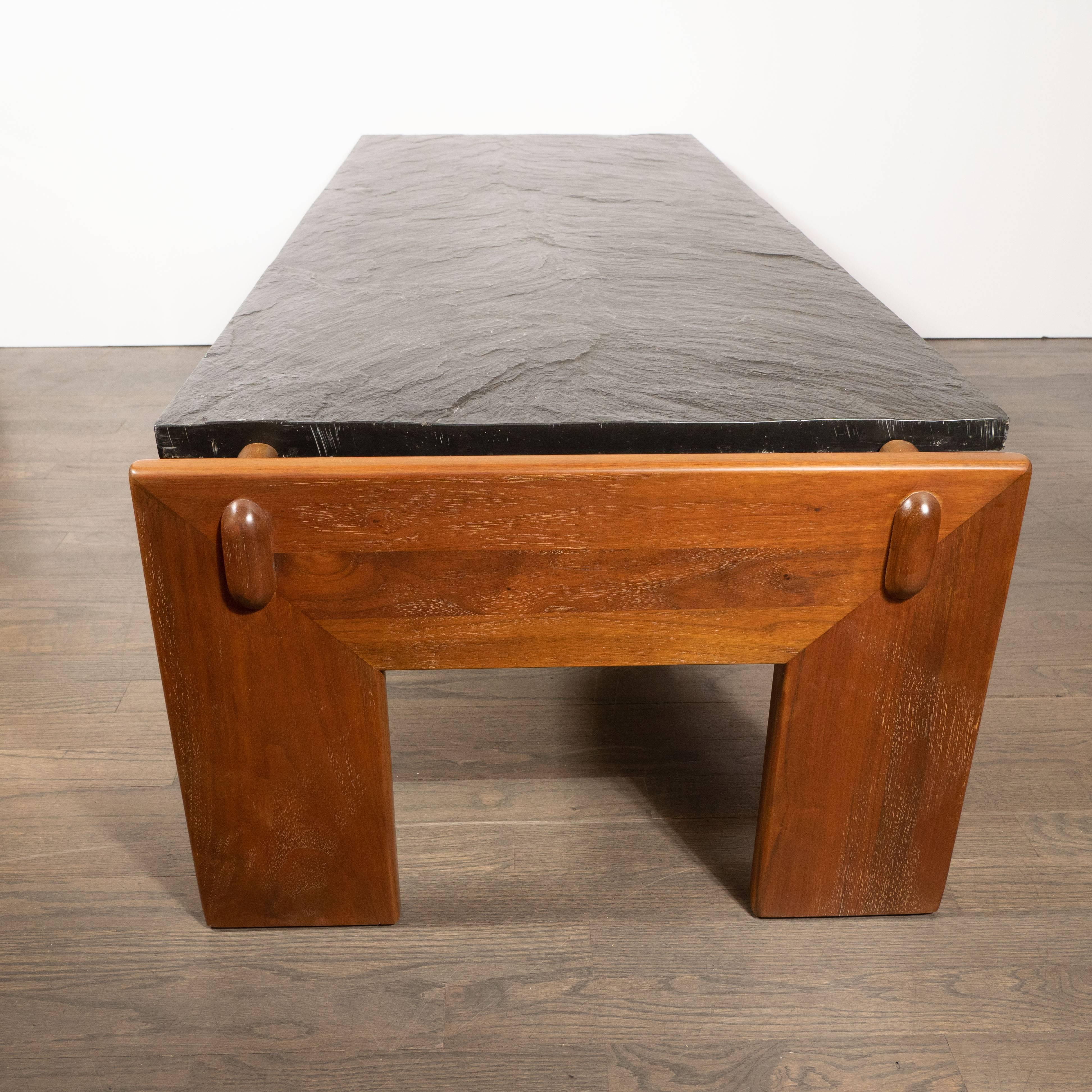 Mid-Century Modern Slate Top Cocktail Table with Hand Rubbed Walnut Base 1