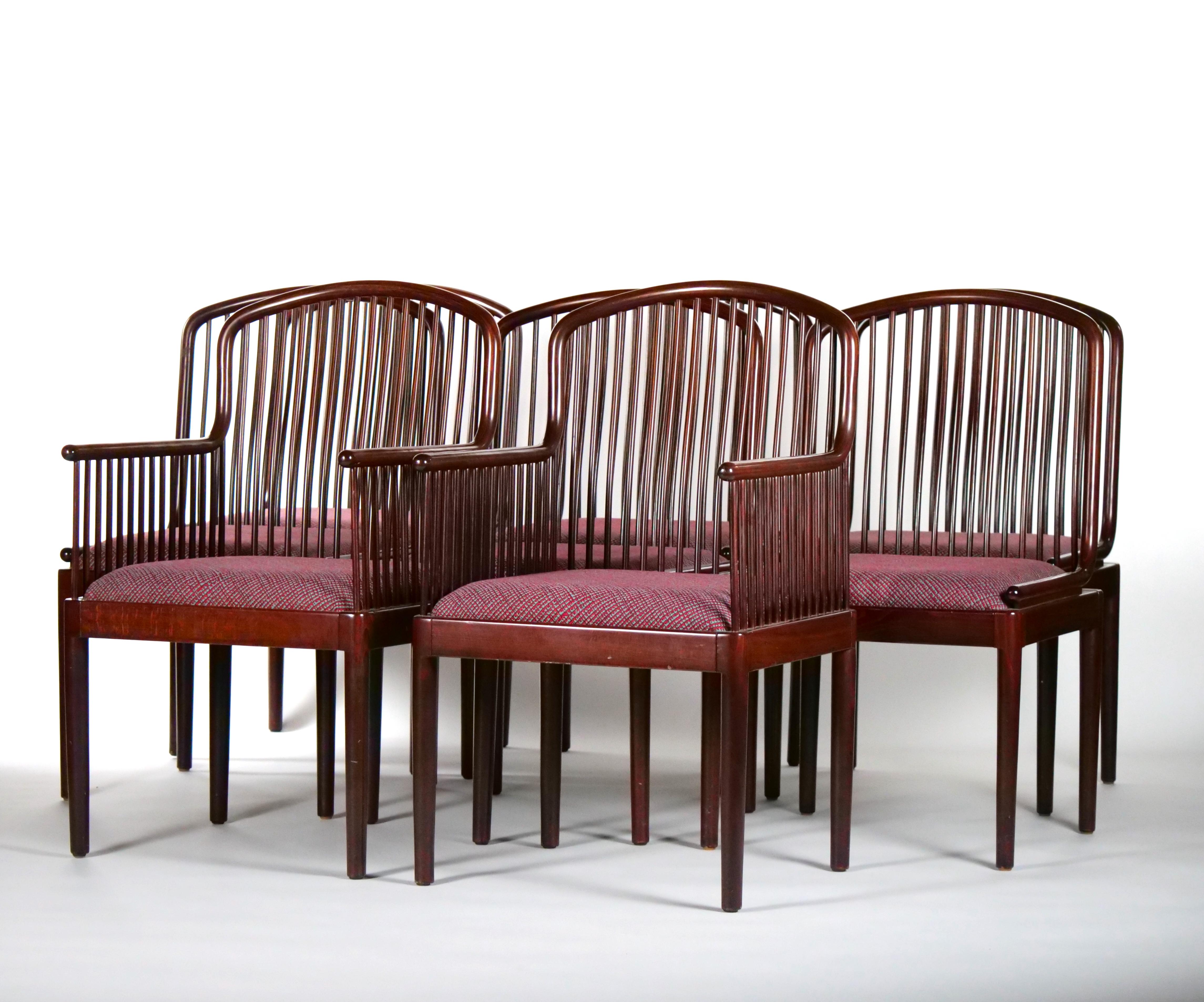 Hand-Carved Mid-Century Modern Slatted Back / Straight Barrel Legs Dining Chair Set / 8 For Sale
