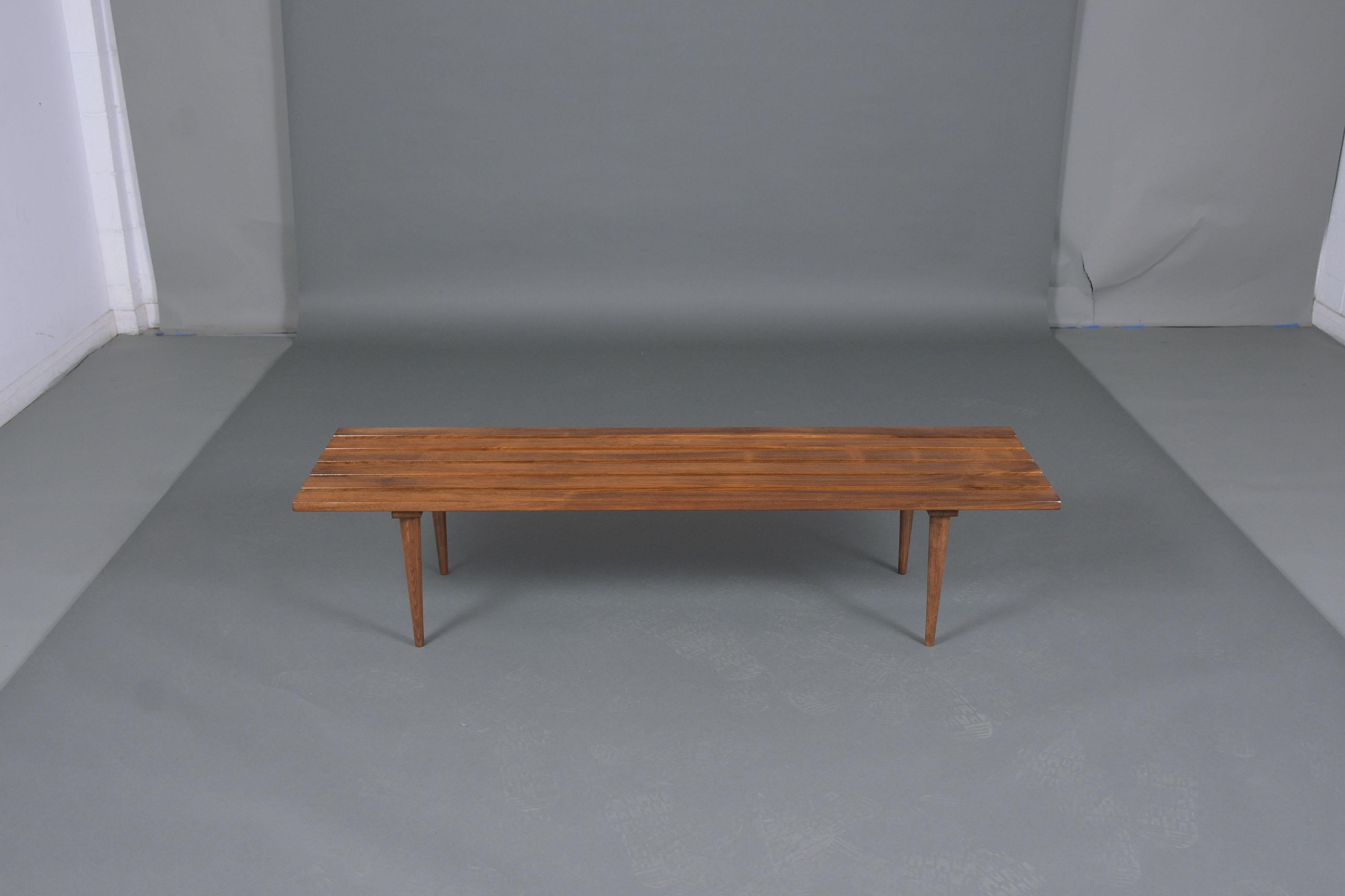 Carved Mid-Century Modern Slatted Bench